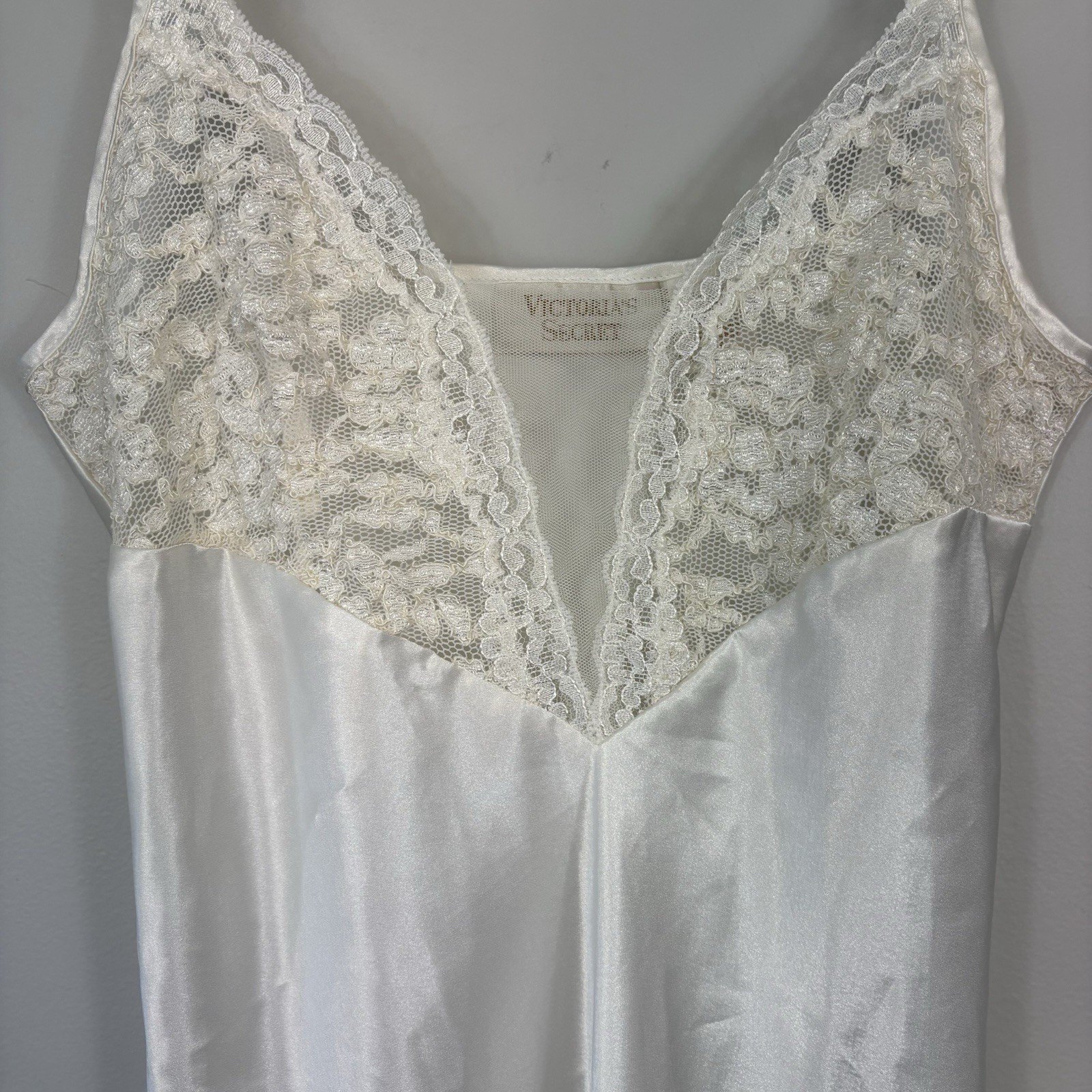 Vtg 80s Victoria’s Secret Gold Label Satin Slip Dress Sz S Maxi Lace White