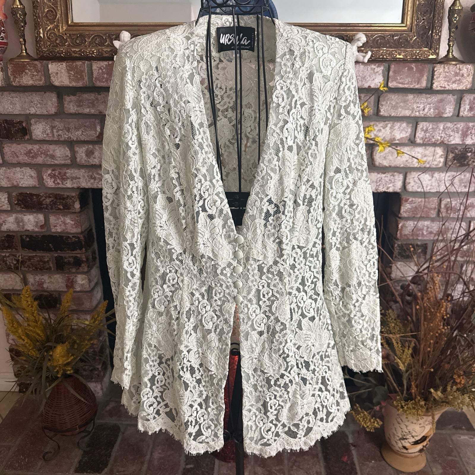 1980s Ursula of Switzerland Lace Top Vintage Mint Green Button Down Longsleeve