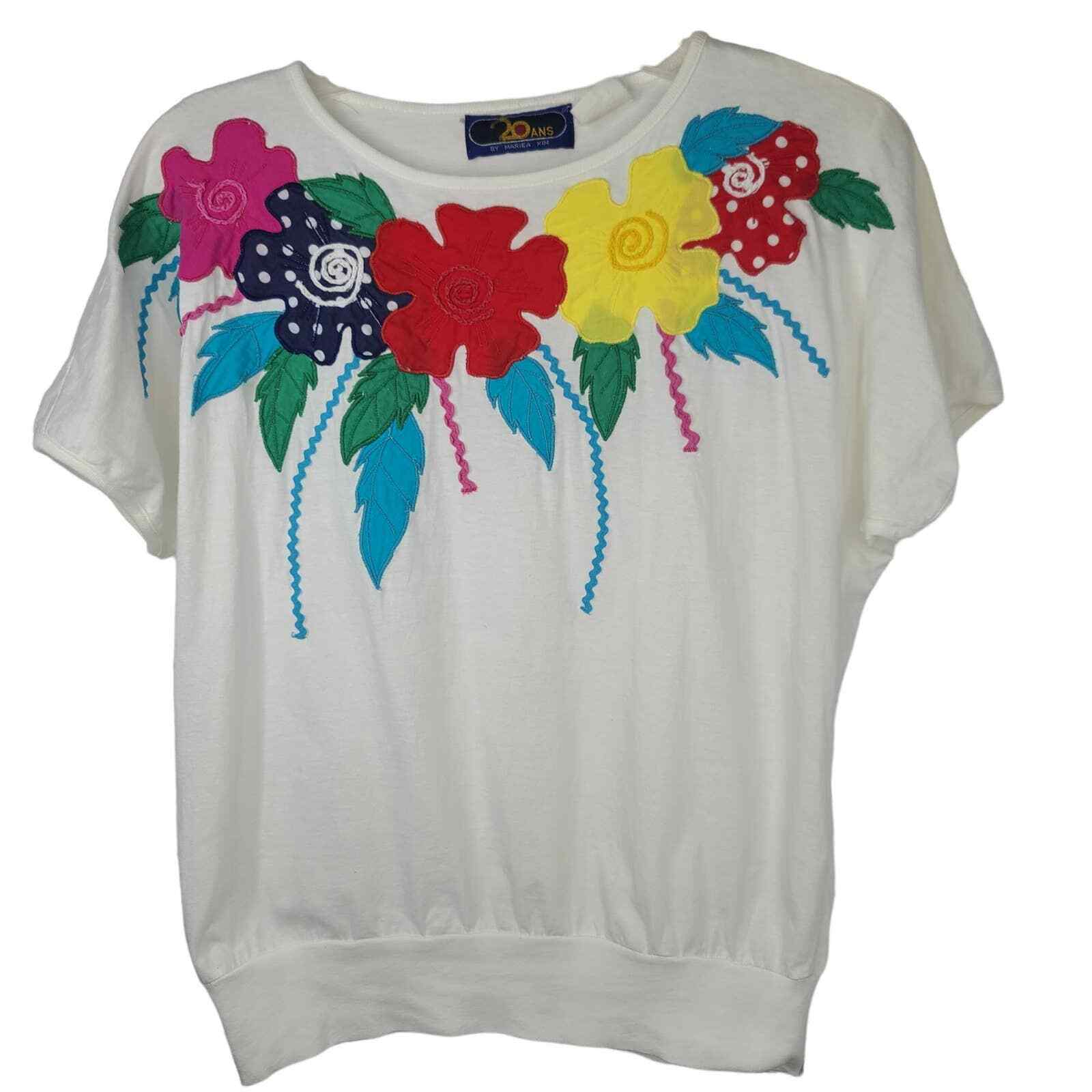 Vintage 1980s Top Floral Applique 20ANS Mariea Kim Fits M/L Rick Rack Art Crafts
