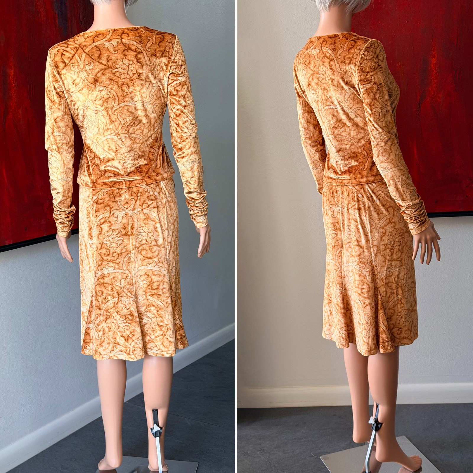 ROBERTO CAVALLI stretch velvet set top & skirt Baroque print from 1990s