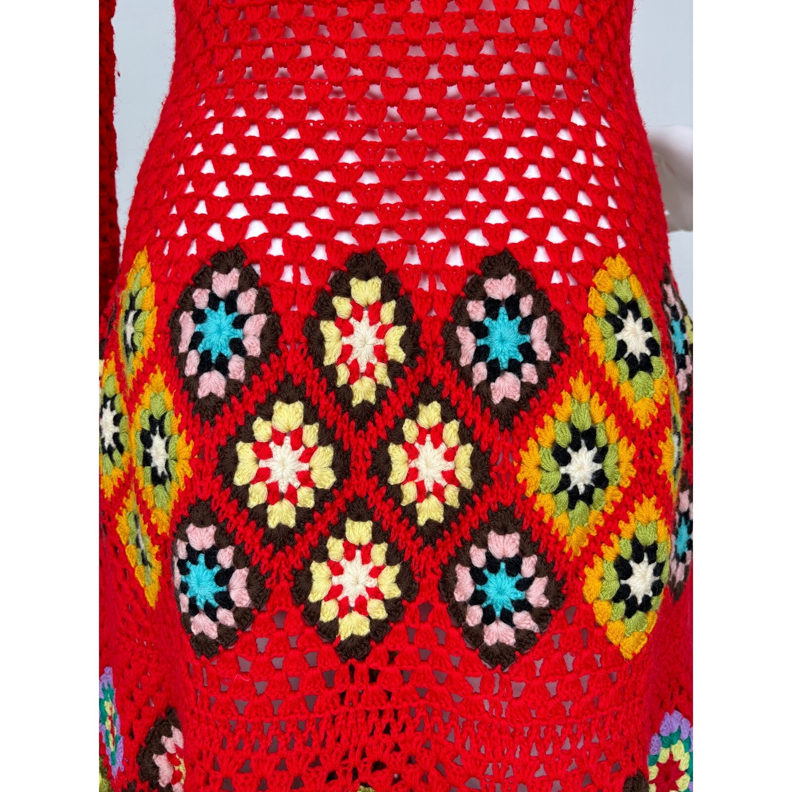 Vintage 1970s Maskit Israel Crochet granny Square Maxi Dress Wool Red Multicolor