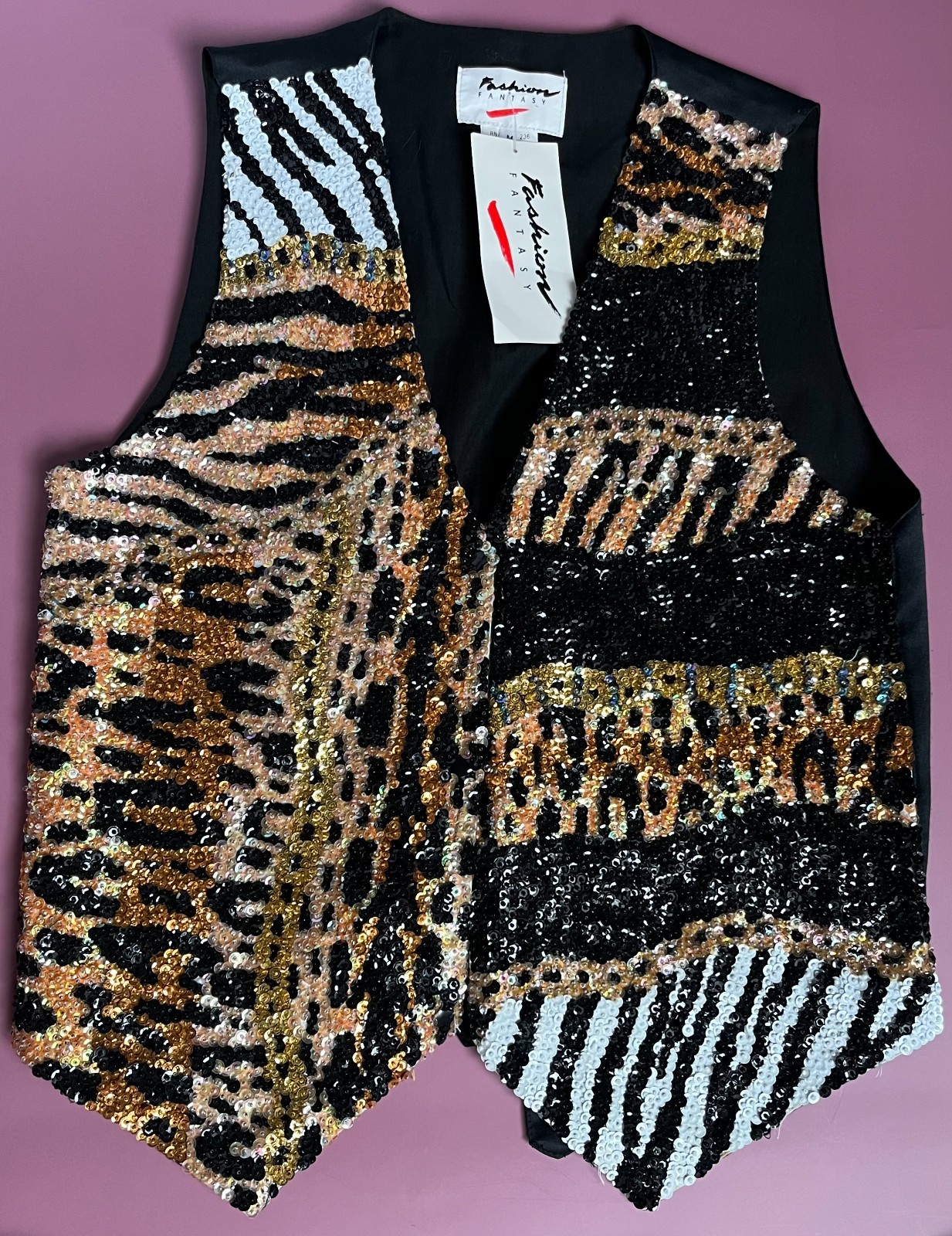 Vintage Fashion Fantasy Sequin Beaded Vest | Leopard & Zebra Print Vest | Size M