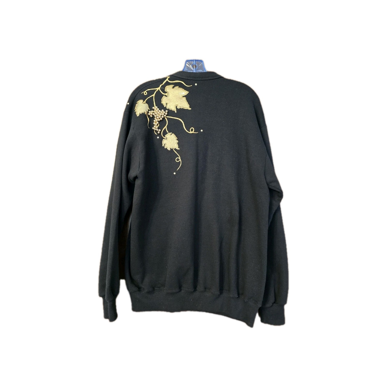 Vintage Jerzees Black Cardigan with Gold Grape Beads Pattern Signed TZC OS READ