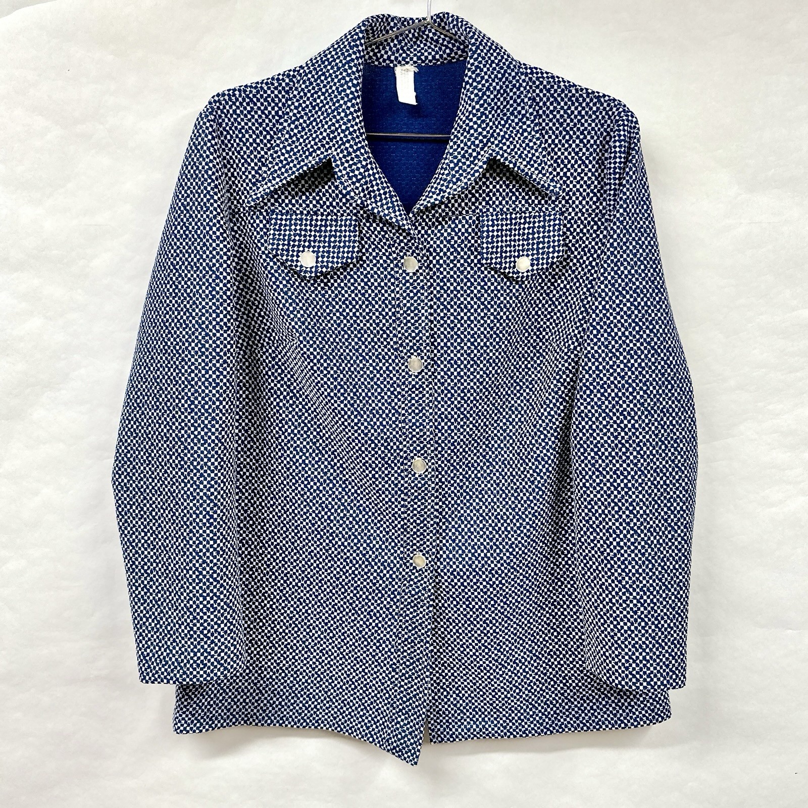 Vintage 70s Polyester Knit Button Up Shirt Jacket Blouse Checker Houndstooth