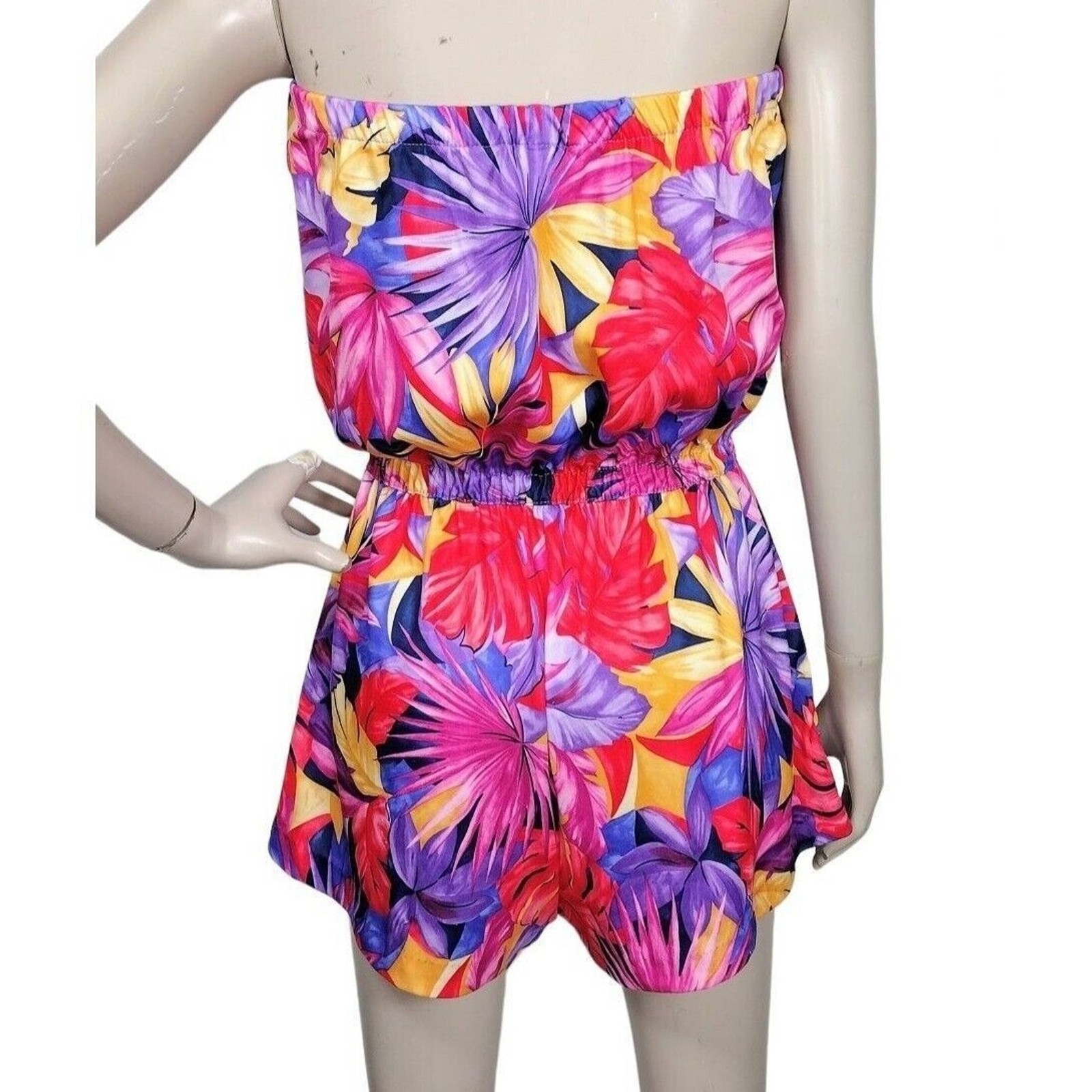 Vintage 70’s Colorful Strapless All Over Palm Leaf Print Short Romper Granada