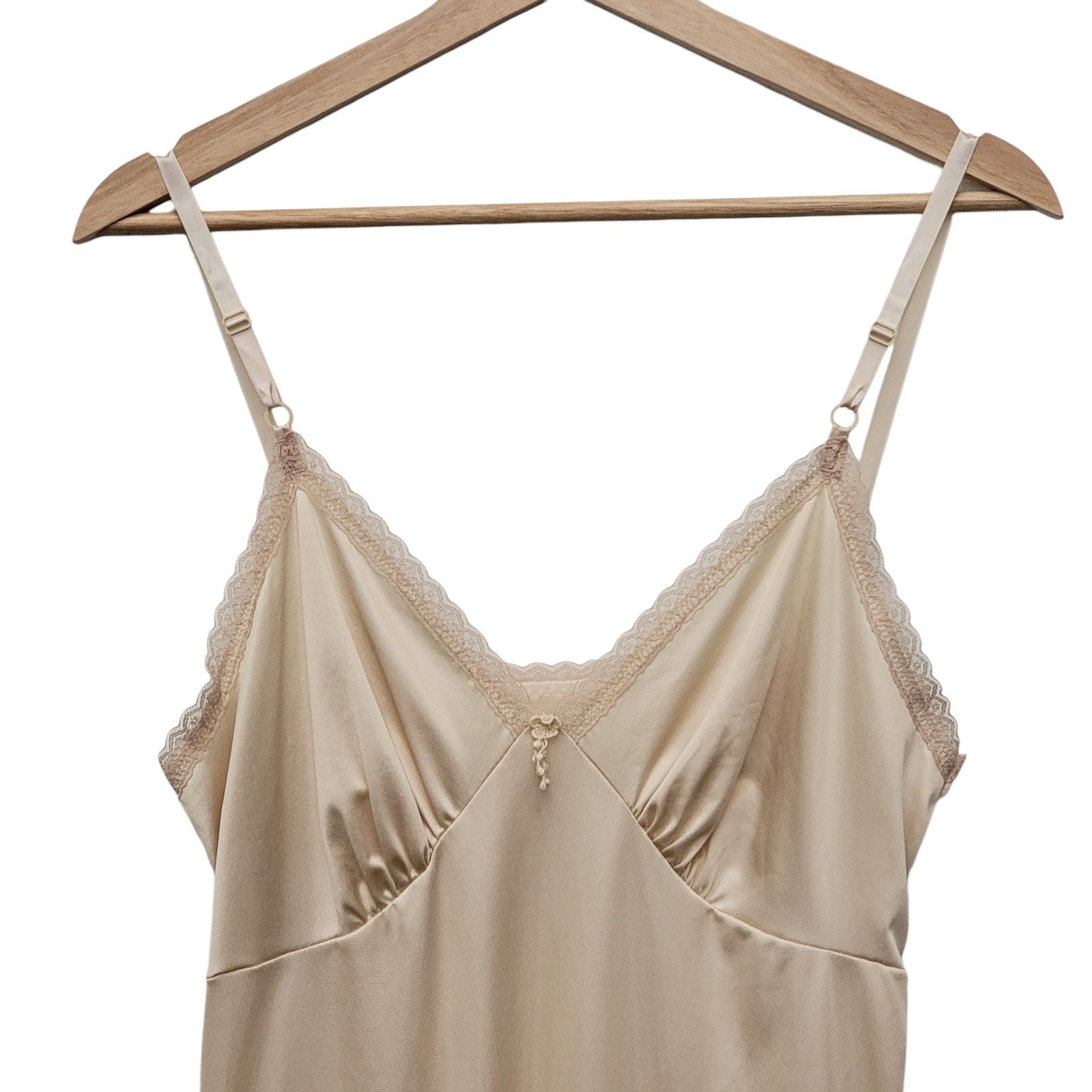 Vintage 90s Nude Silk Satin Midi Slip Dress Lace Hem Neutral Coquette 34 Small