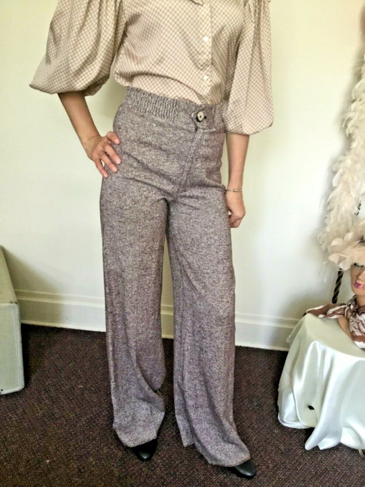 70’s Vintage Brown White Tweed Hi Waisted Ultra Bell Bottom Pants