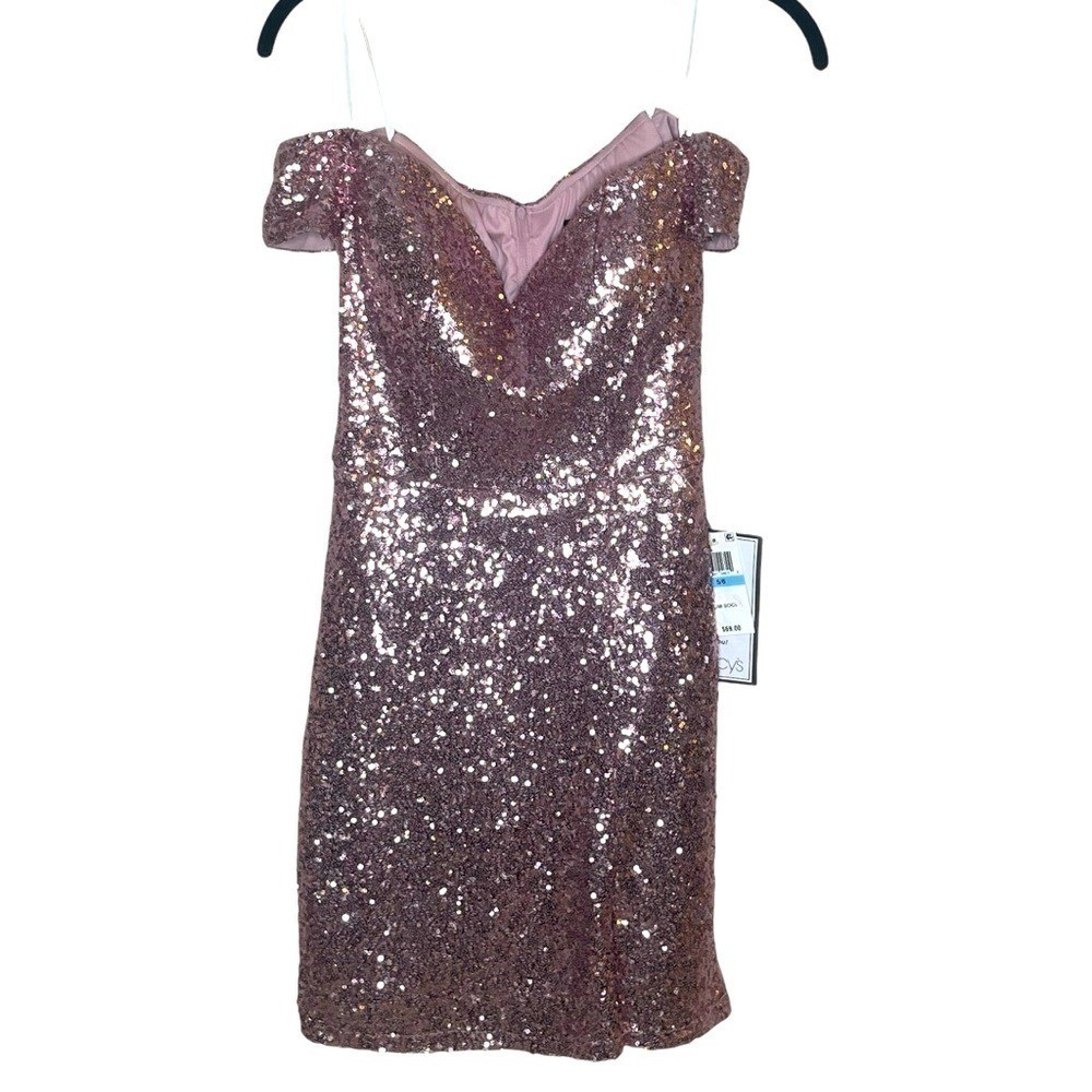 B DARLIN Vintage Pink Off the Shoulder Sequin Body Con Dress