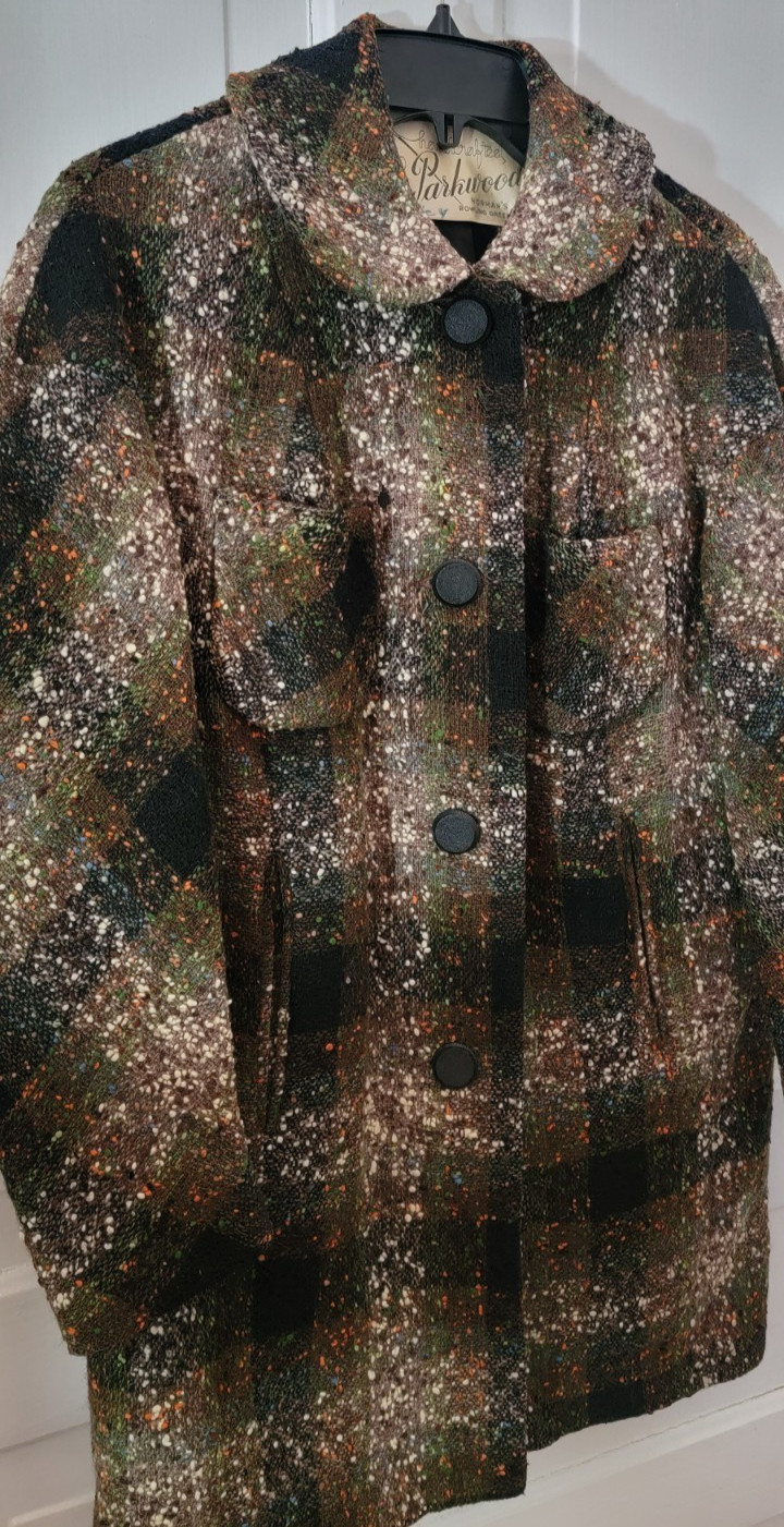 1950s/60s Vintage Plaid Wool Boucle Tweed Coat Med Lined Mid Century Mod Pockets