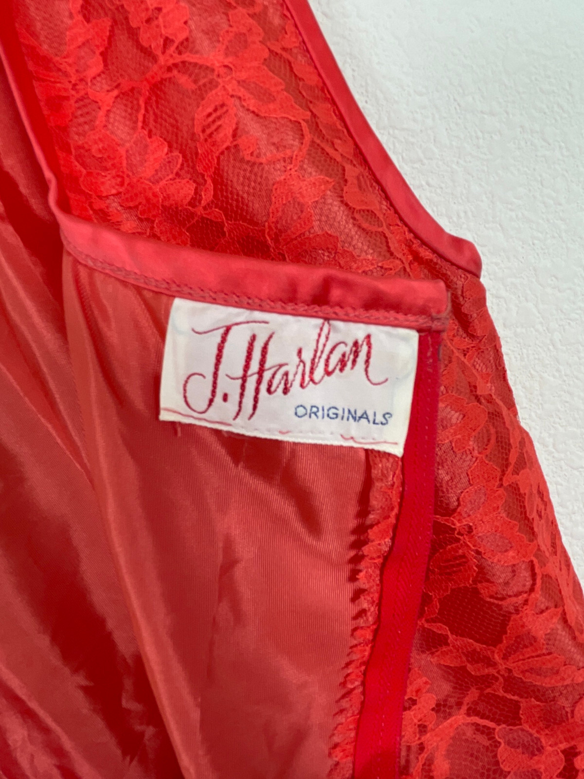 Vtg 50s CORAL LACE Dress J. Harlan Rockabilly Pinup Red Party Sheer Sexy 1950s