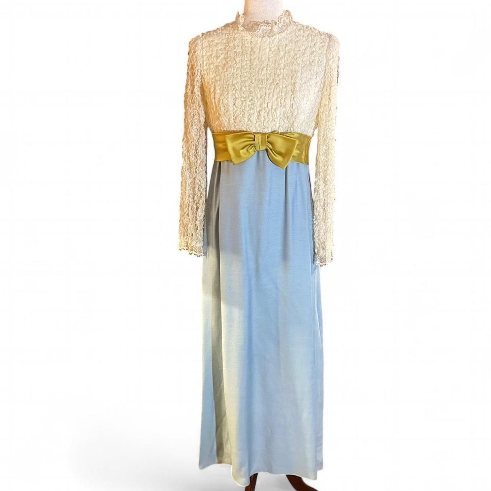 60s Lace Blue, Chartreuse w/ Creme Empire Waist w/Satin Bow Belted Prairie Dress