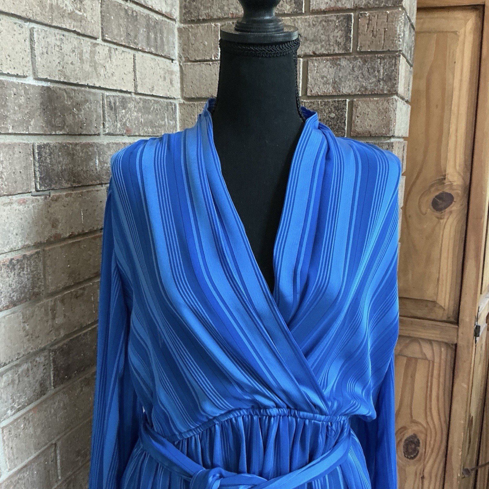 70s VTG Marinette Royal Blue Stripe Wrap Dress Belt 100% Polyester Size 12 #18D7