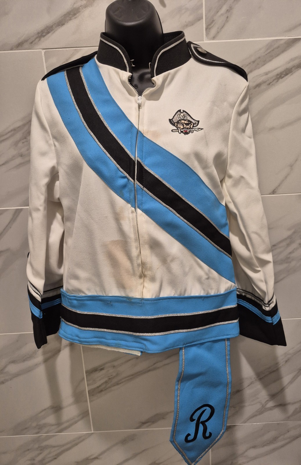 Vintage 80s Marching Band S/6 Short Jacket Zipped White Blue Black Mild Stains