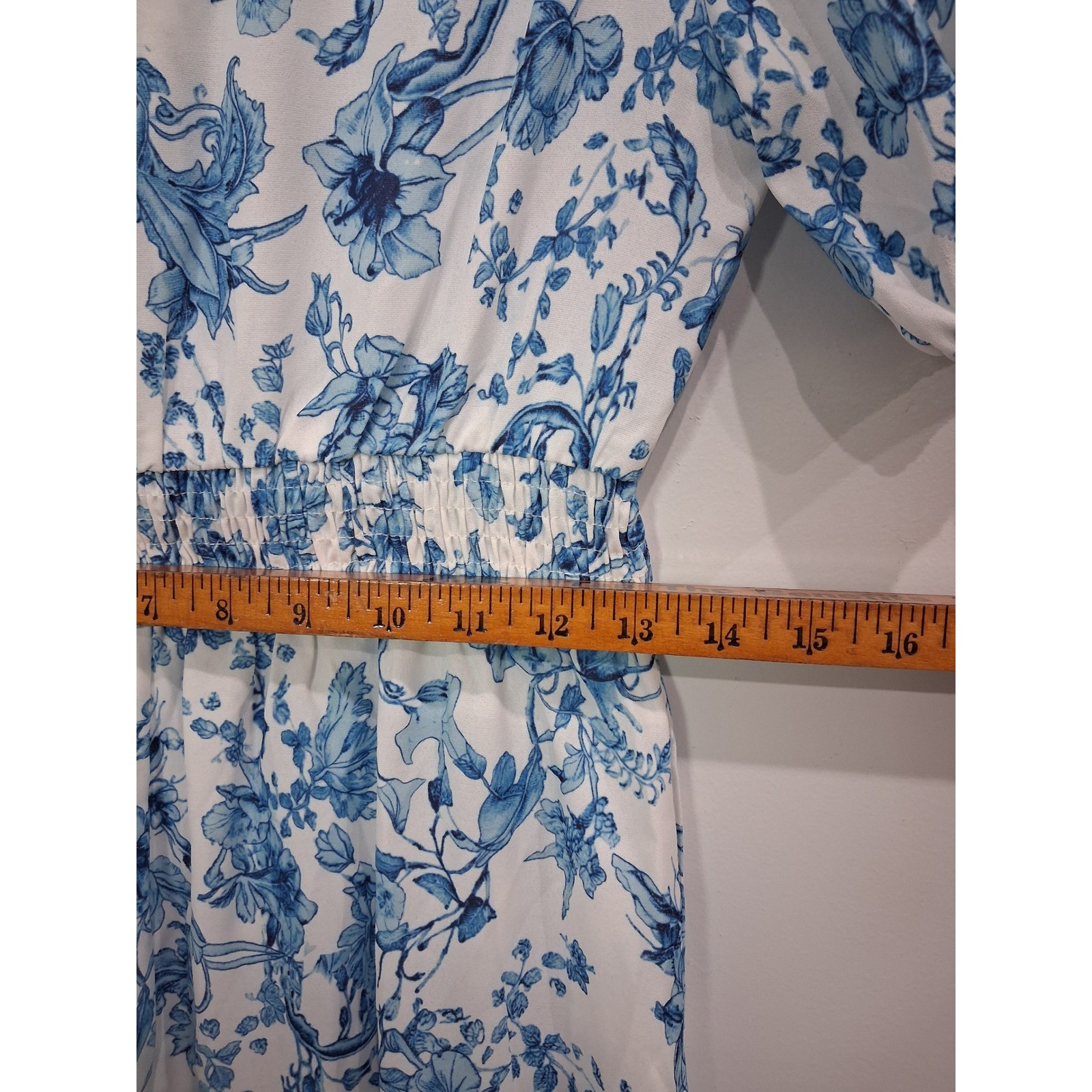 Grace Karin Blue White Floral Toile Smocked Maxi Dress V-Neck Puff Sleeve Small