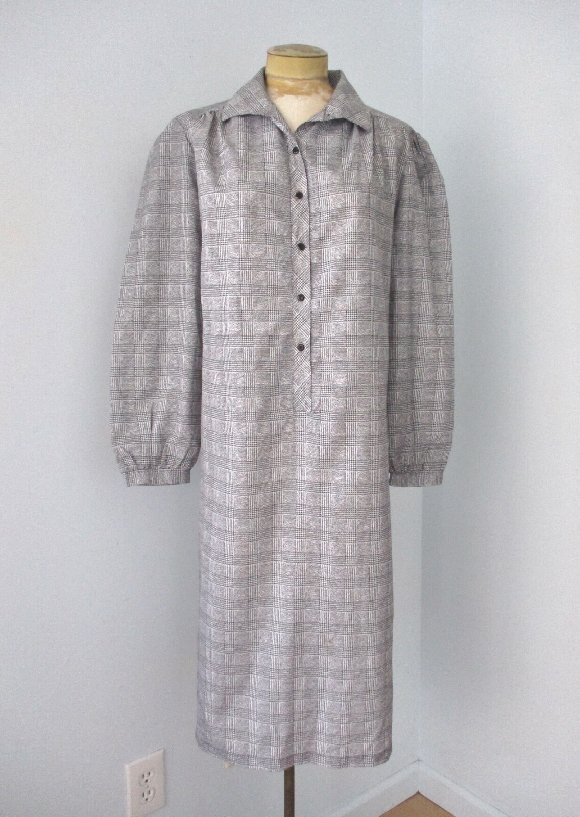 Vtg 70s Walden Black White Checker Plaid Silky Poly Secretary Shirt Dress USA 18
