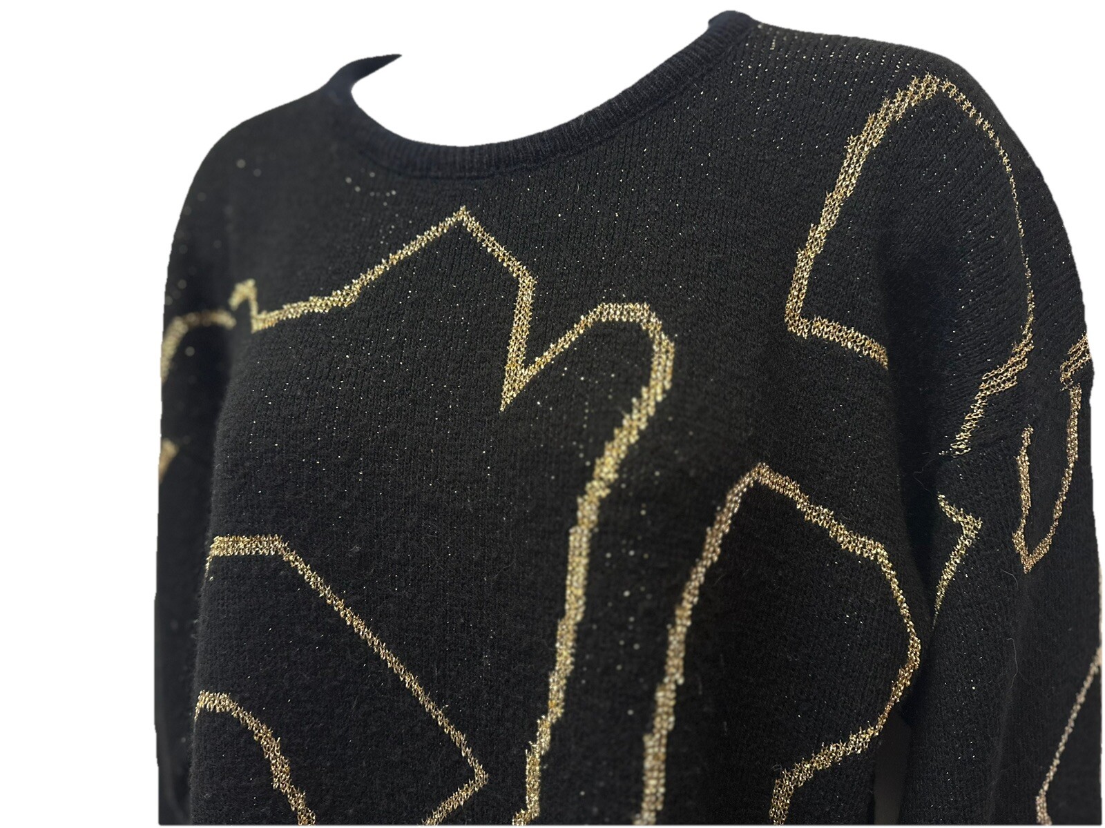 VTG 80s Kate Collins Black and Metallic Gold Knit Pullover Sweater M 46″ Bust