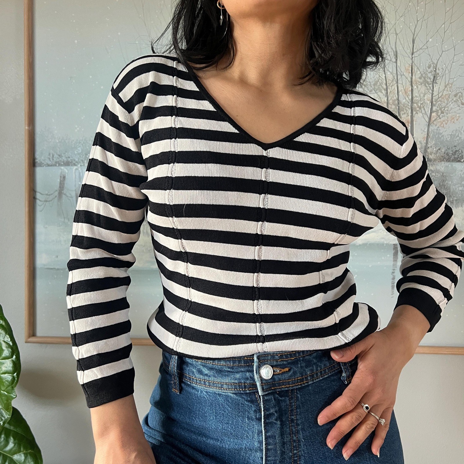 Vintage 90s Striped Top Black White Ribbed V Neck Long Sleeve Minimal Chic