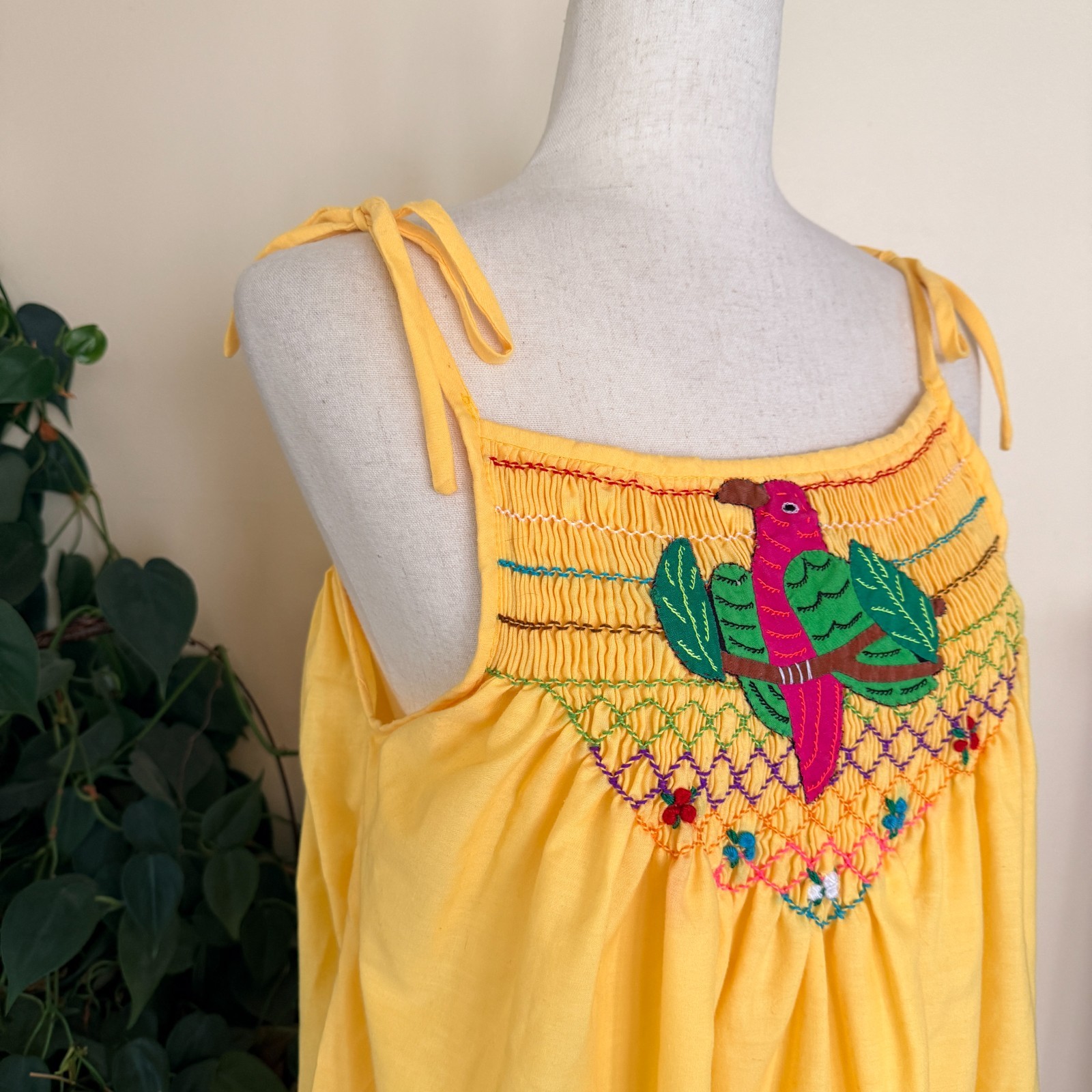 Handmade Artisan Mexican Style Embroidered Bird Smocked Sundress Tie Sleeves