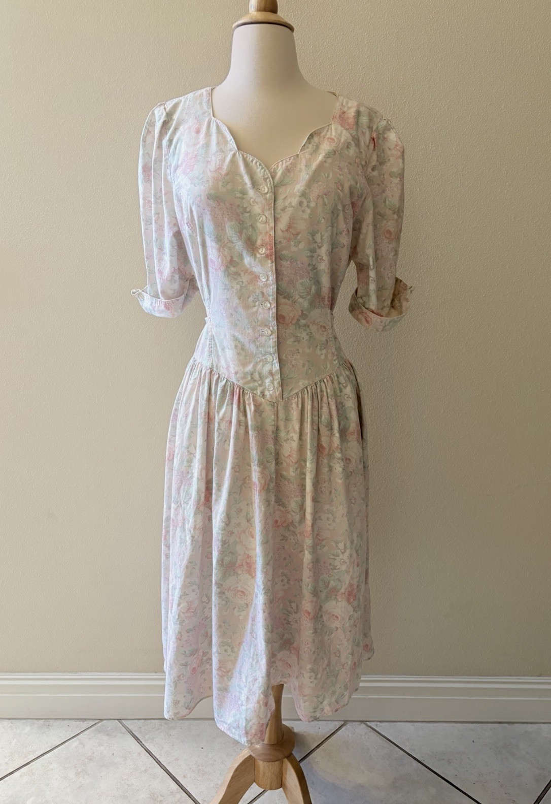 Vintage 80s Midi Dress Pastel Floral Cottagecore Garden Party Tea Dress Size M