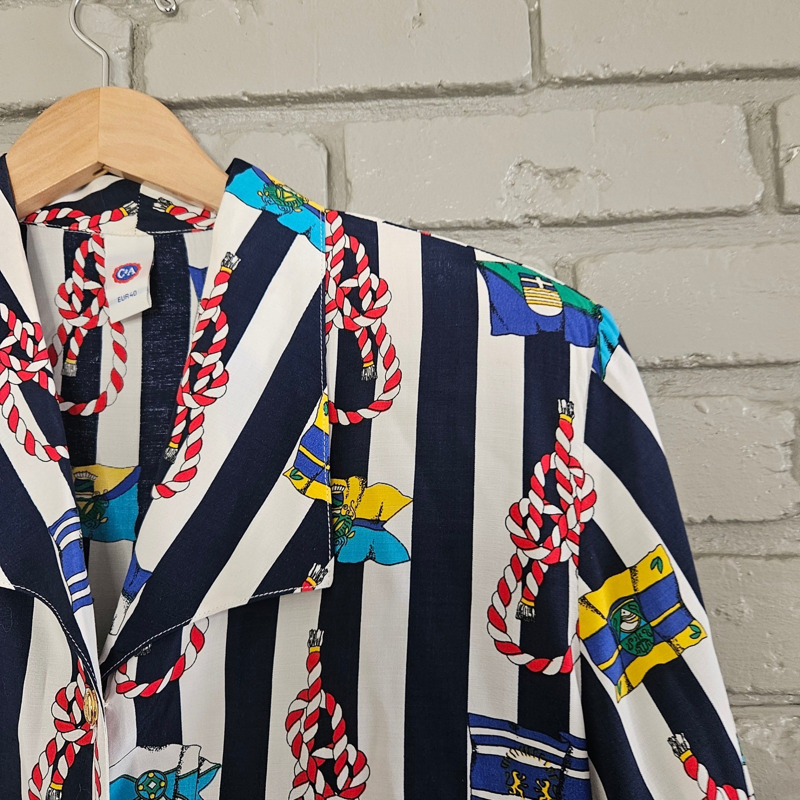Vintage C&A Nautical Stripe Rope Flag Print Viscose Button Up Shirt Navy EUR 40
