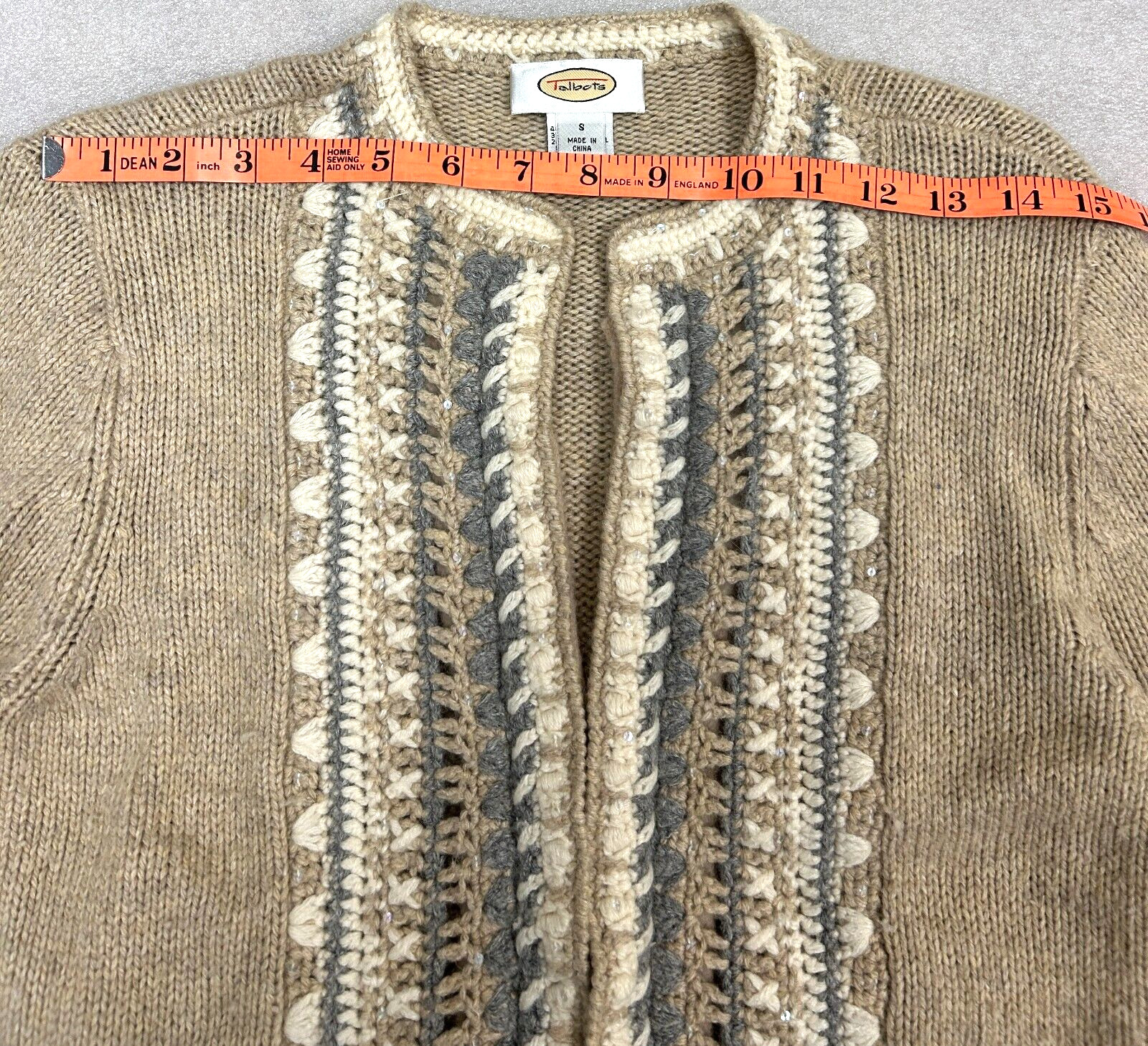 Vtg Talbots Cashmere Angora Wool Cardigan Sweater Embroidered Tan Gray Ivory, Sm