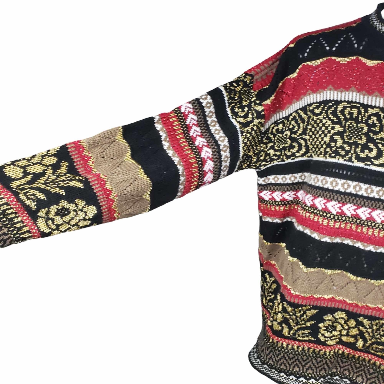 Rose Vintage *Large Black Metallic Gold Red Open Weave Knit Acrylic Blnd Sweater