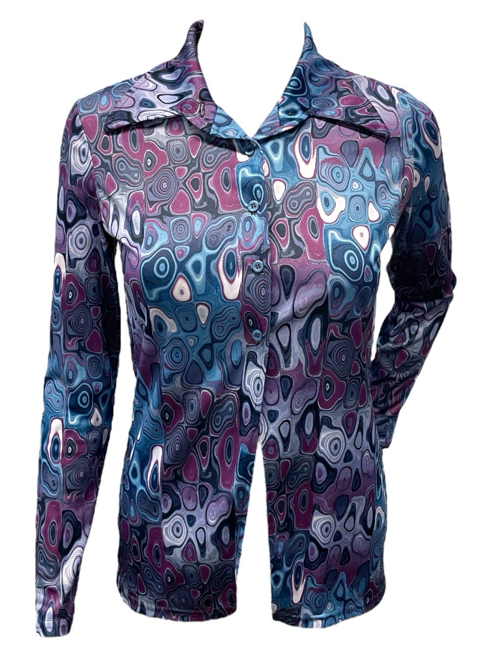 VTG 90s Does 70s Coolwear Oil Spill Psychedelic Split Front Daggar Collar Top S