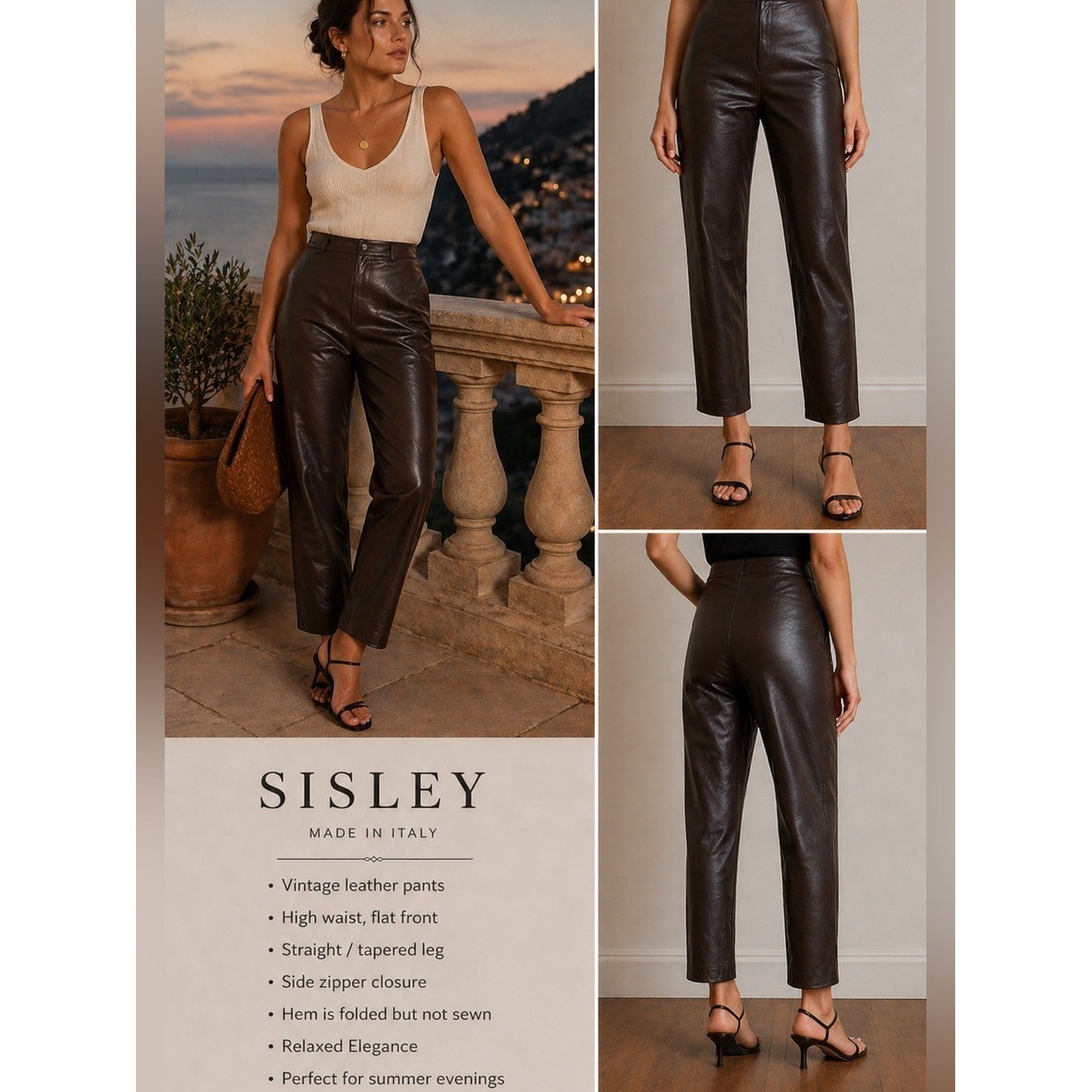 Sisley Italy Brown Leather Pants Women’s Size 28 High Waist Tapered Vintage