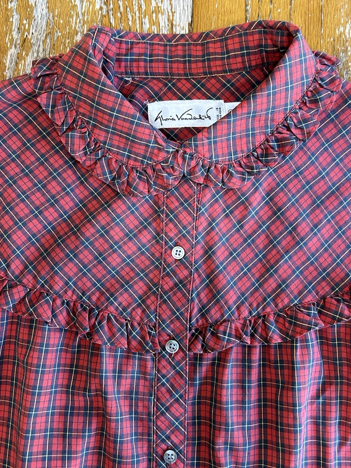VTG 70s GLORIA VANDERBILT Plaid Ruffle Trim Prairie Victorian Button Top Sz 40