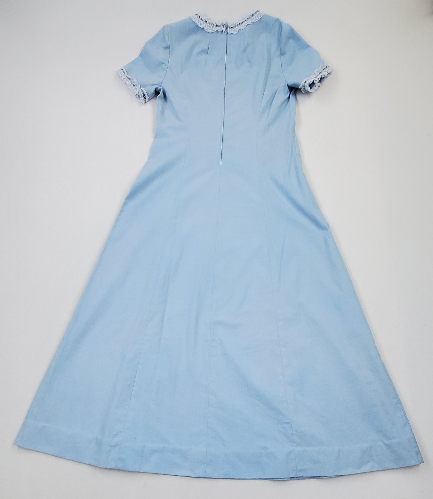60s Lace Trim Maxi Dress XS Empire Waist Mod Regency Jane Austen Bridgerton Blue