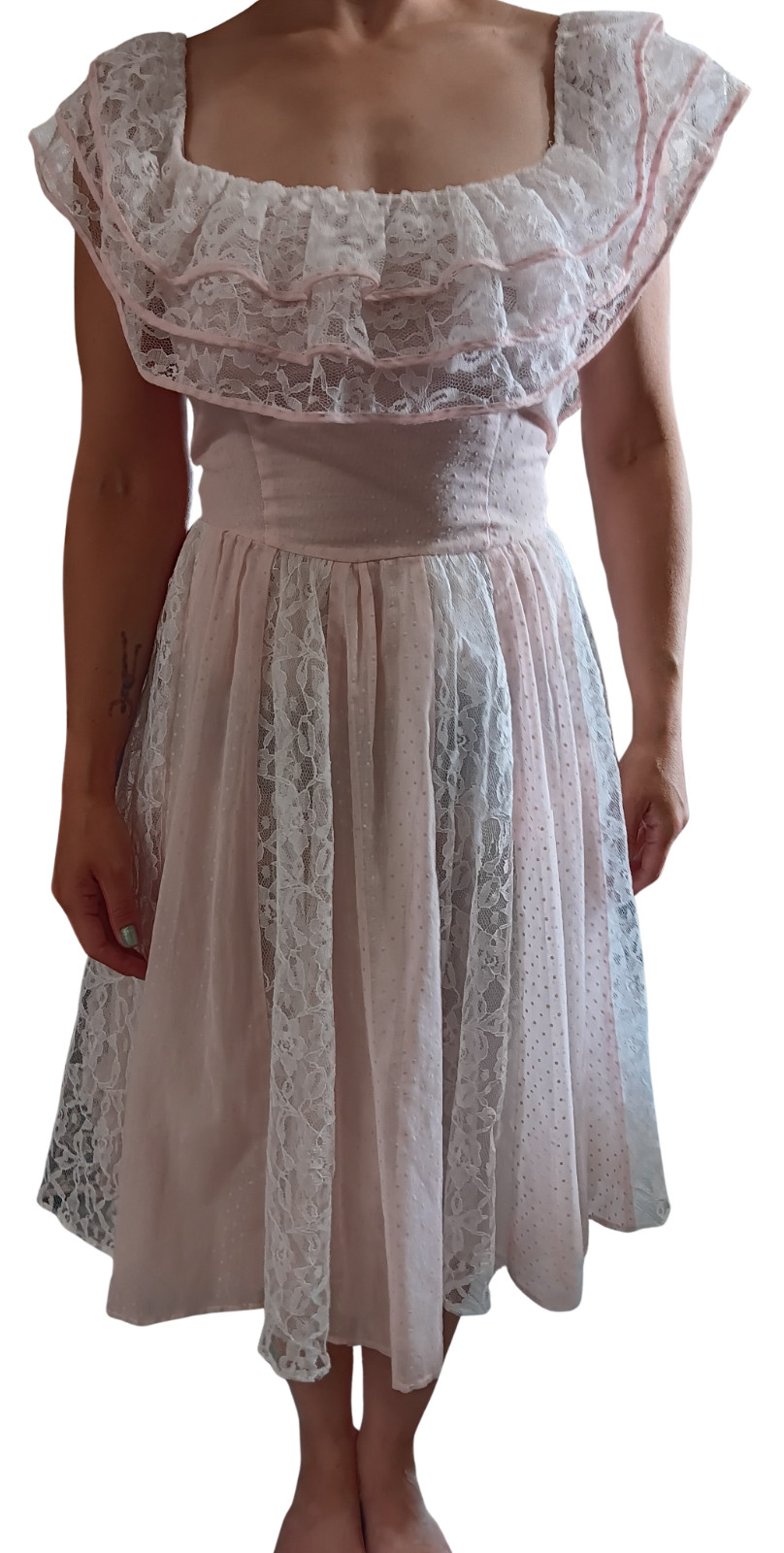 Vintage Pink Swiss Dot Lace Dress Cottagecore Prairie Frilly Dress Lolita 80s