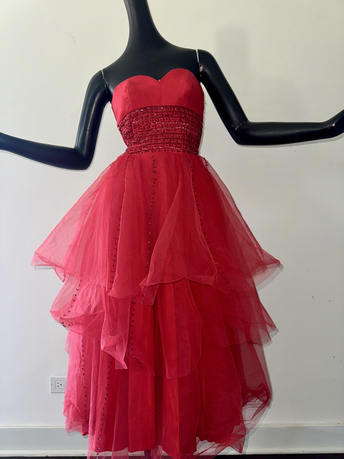 Vtg 50s Dress XS Tomato Cherry Red Tulle Beaded Strapless Rockabilly Formal Prom