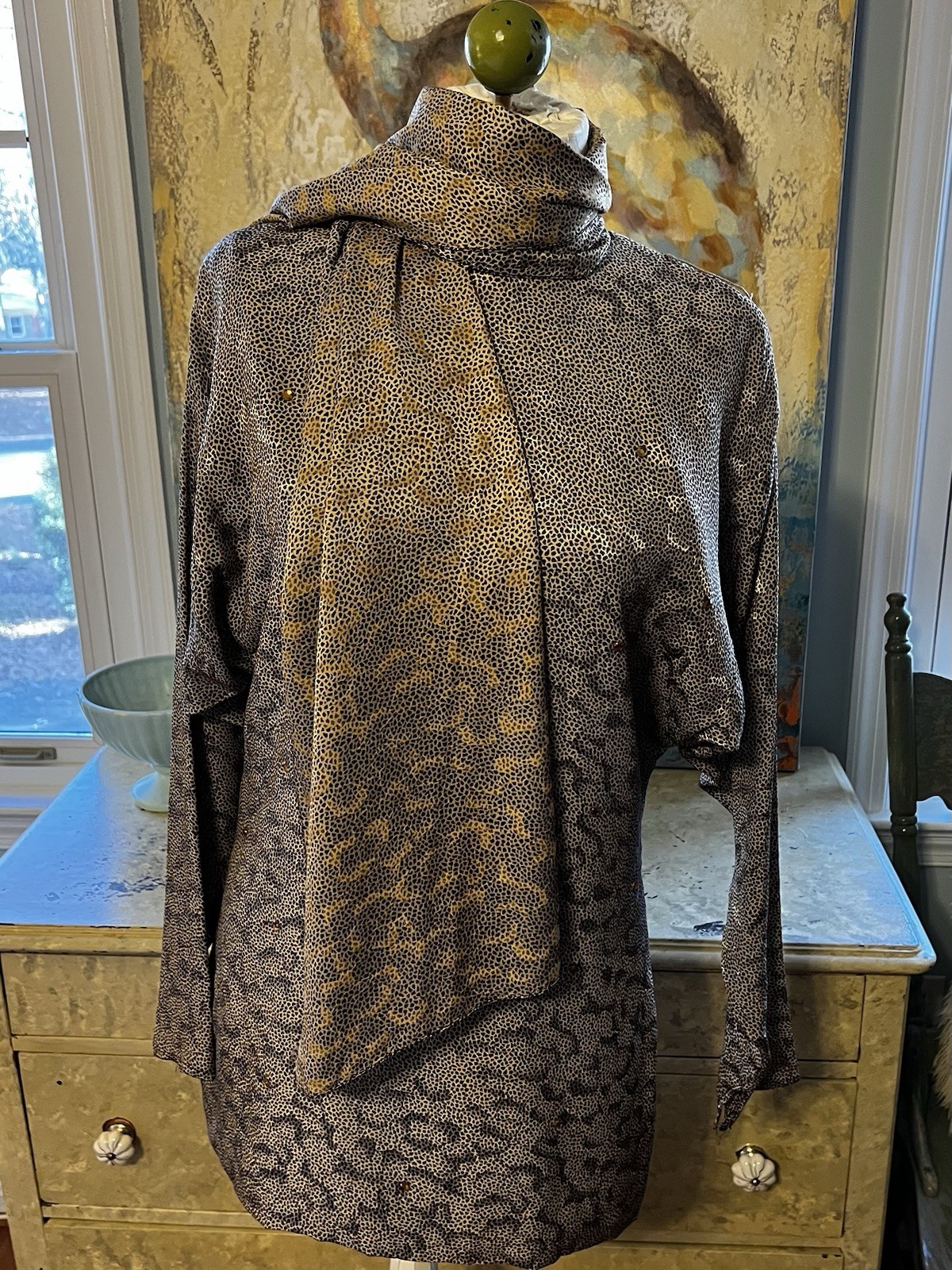 Vintage Raul Blanco Saks Fifth Avenue Silk Cheetah Rhinestone Tunic w/Scarf-12/M