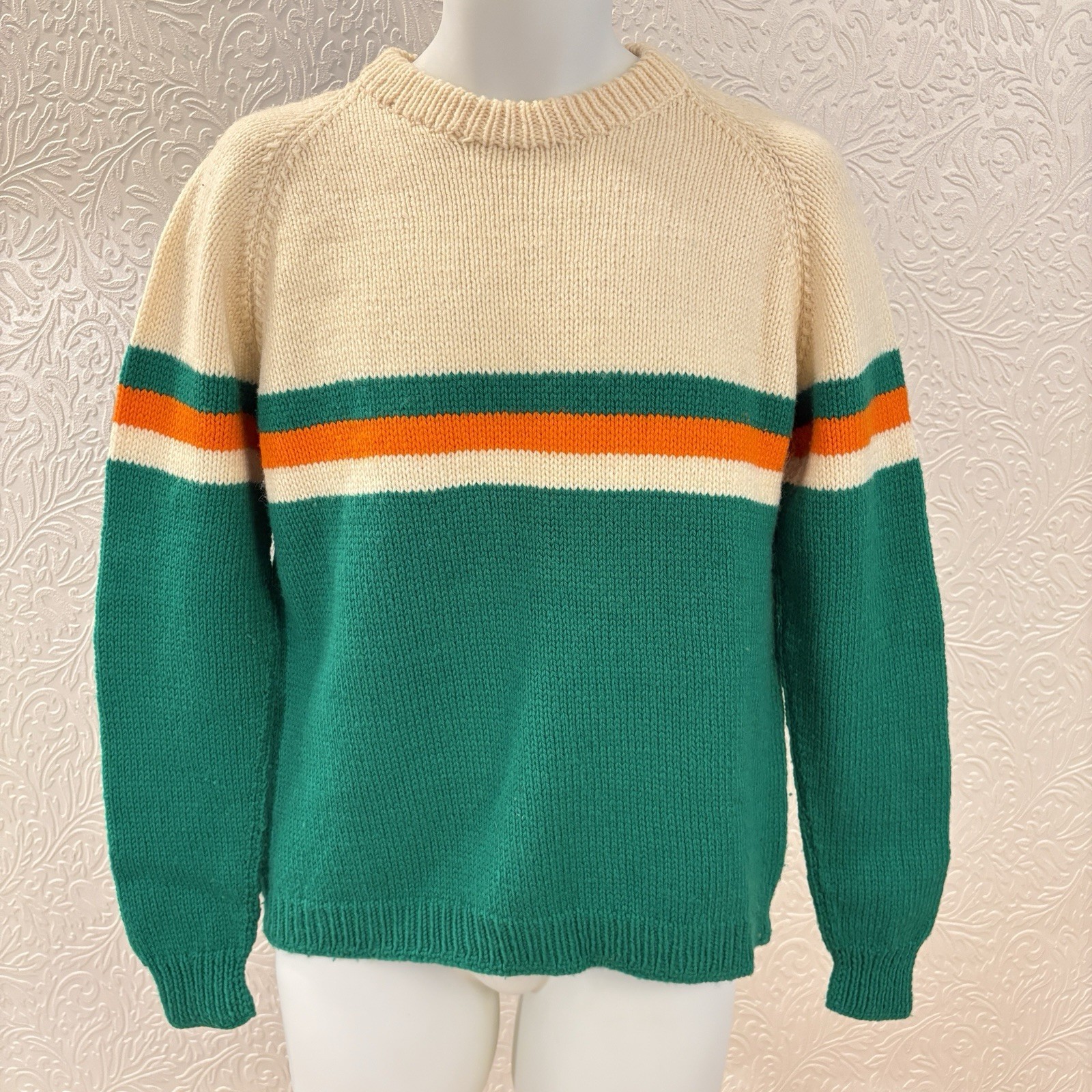 Hand Knit Pullover Sweater Jumper Handmade Bold Stripe Green Size M VTG 90’s Y2K