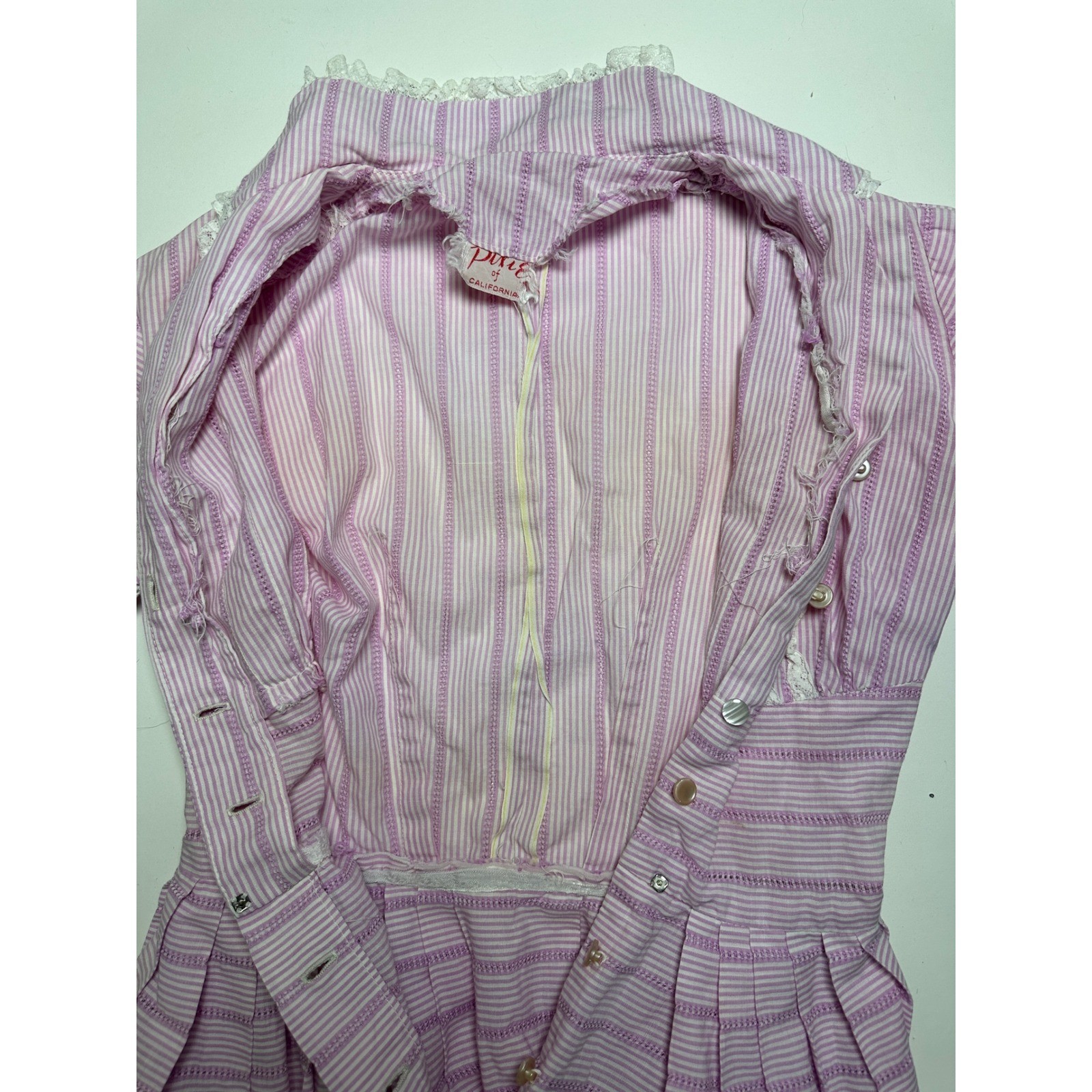 Cute Vintage 1950s Pixie of California Purple Candy Stripe Lace Ruffle Dress