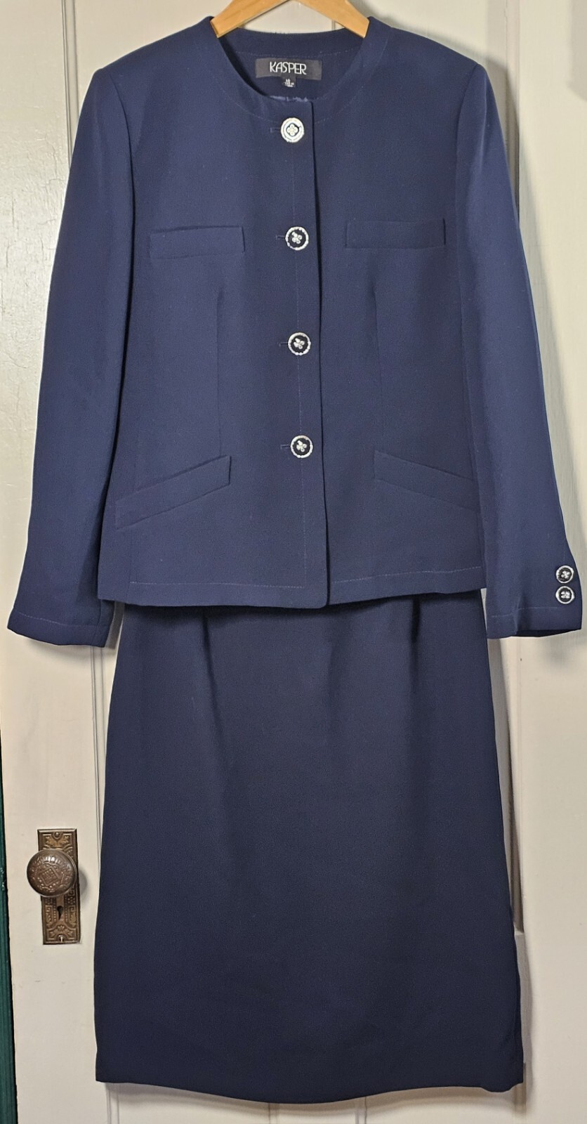 VTG Kasper 2 Piece Suit Women’s 10 Navy Blue Jacket Skirt Fancy Buttons Career