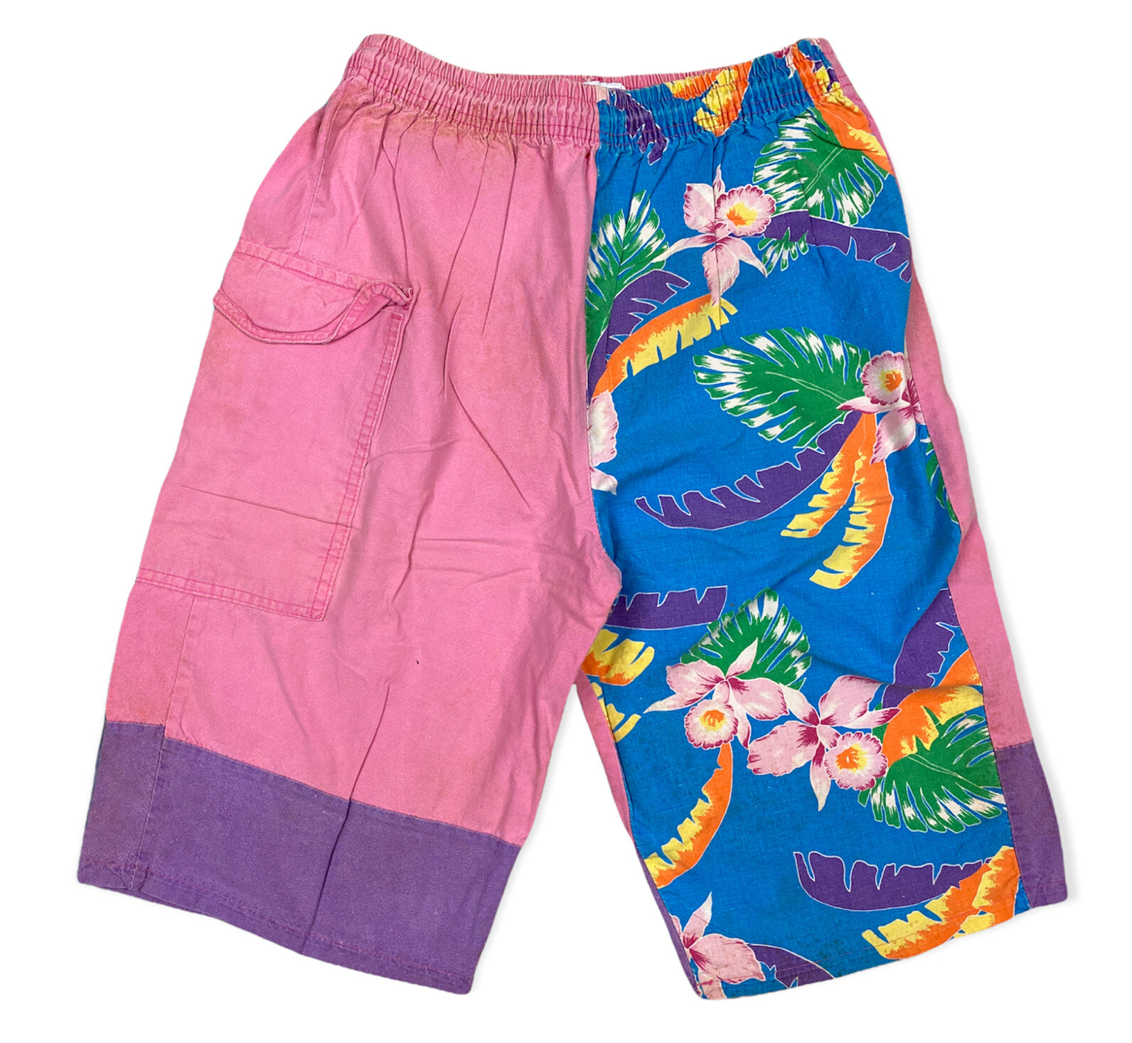 Vintage 80s DOVE Pink Beach Shorts Gym Swim Drawstring Palm Tree ColorBlock Sz M