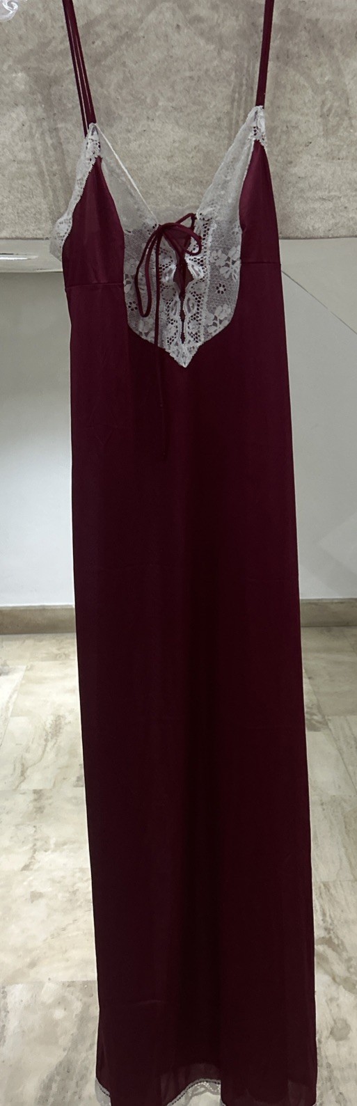 VINTAGE Vasarette Red Satin Long Nightgown Dress Lace Rossette Nightie Lingerie