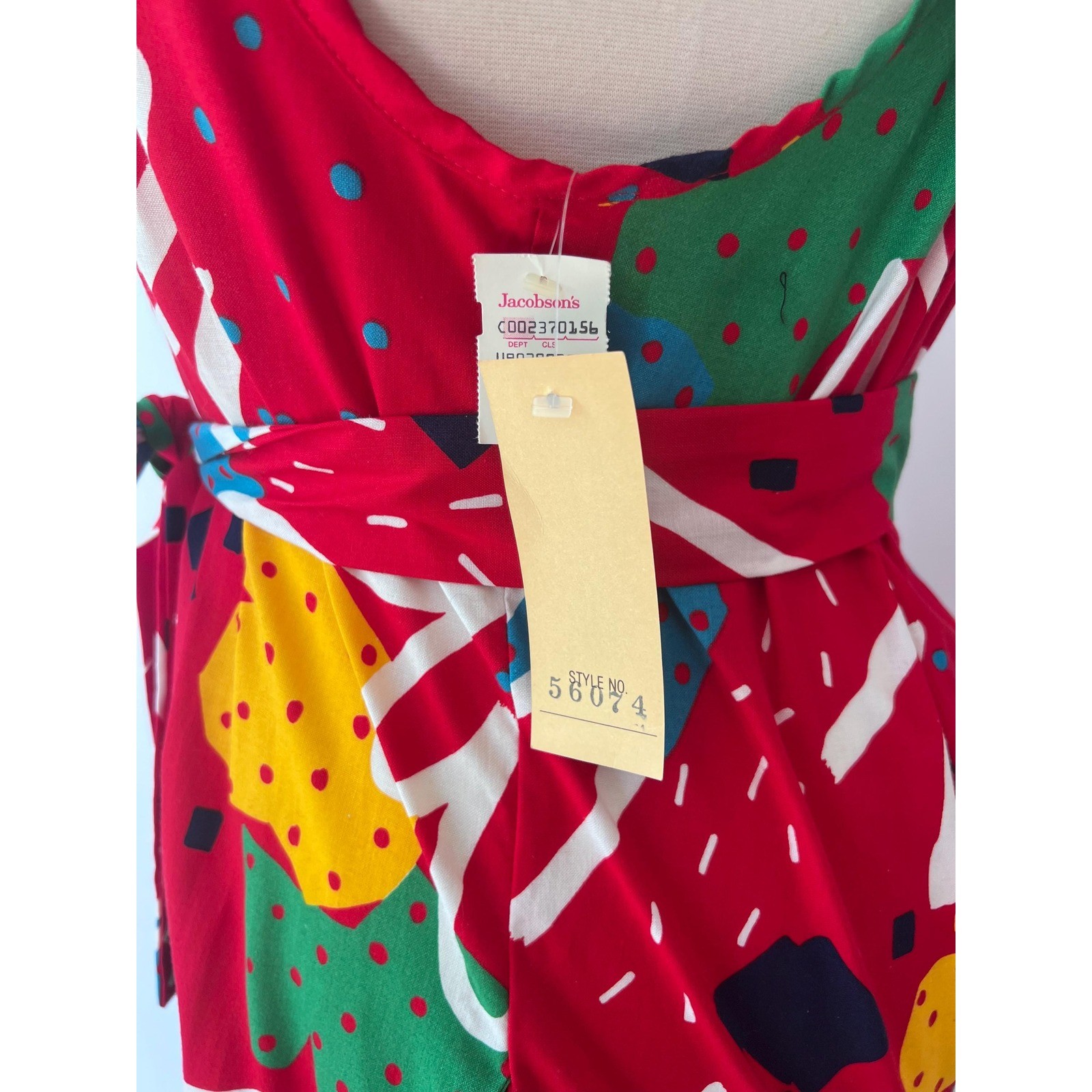 SIZE M/L 80s Vintage Midi Dress Red Abstract Geometric Pockets Maximalist Ruffle
