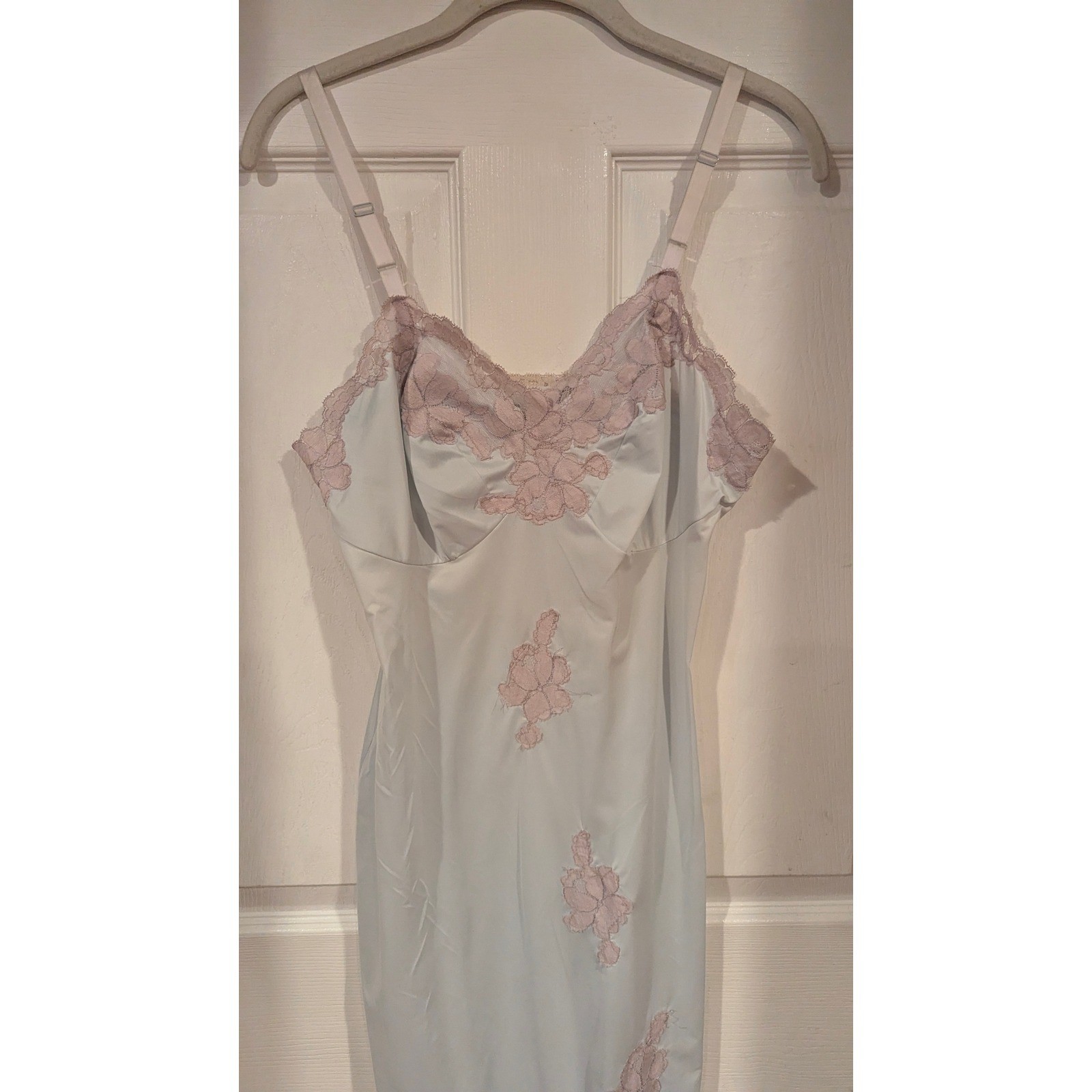Vintage Nylon Lace Slip Dress 34 Blue Pink Floral Applique Coquette Retro Midi