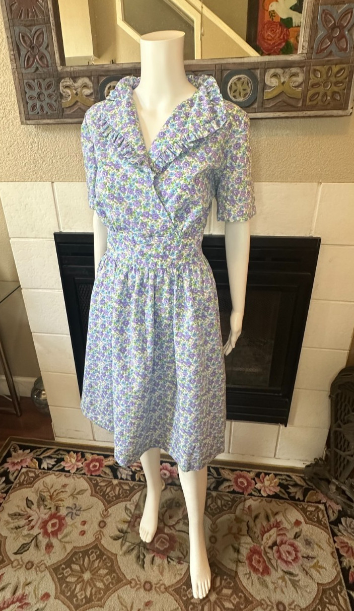 Vtg Lg 1950s Full Skirt Day Dress tea collared Handmade Floral a-line MCM Party