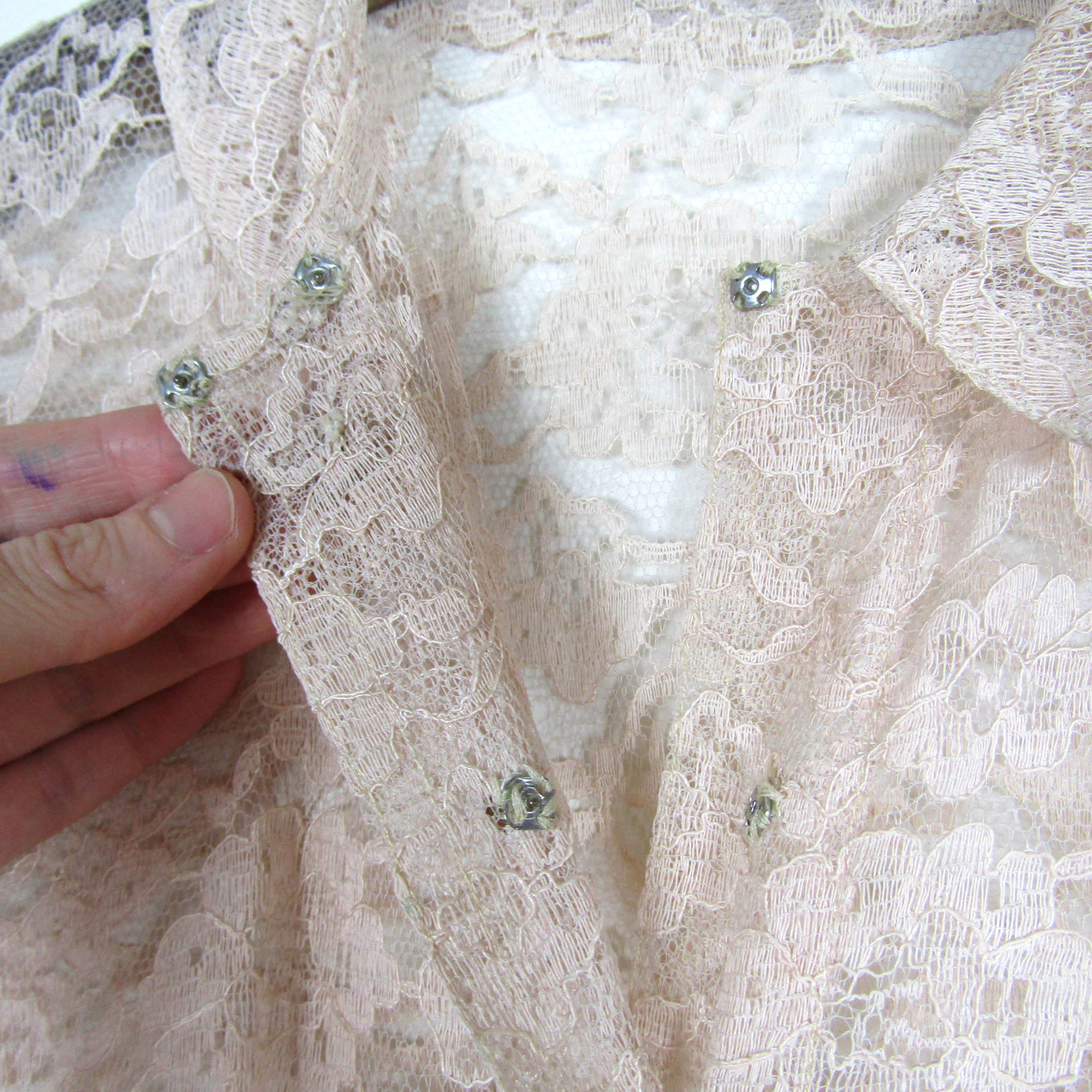 Vtg 50s SEXY PIN UP LACE RHINESTONE BUTTON UP DRESS Beige Sheer Rockabilly 1950s