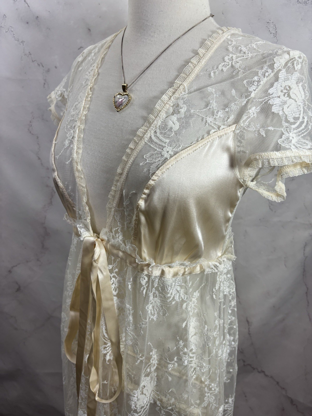 Vtg 90s CLAIRE PETTIBONE Babydoll Sheer Lace Silk Nightgown Robe Dress S Bride