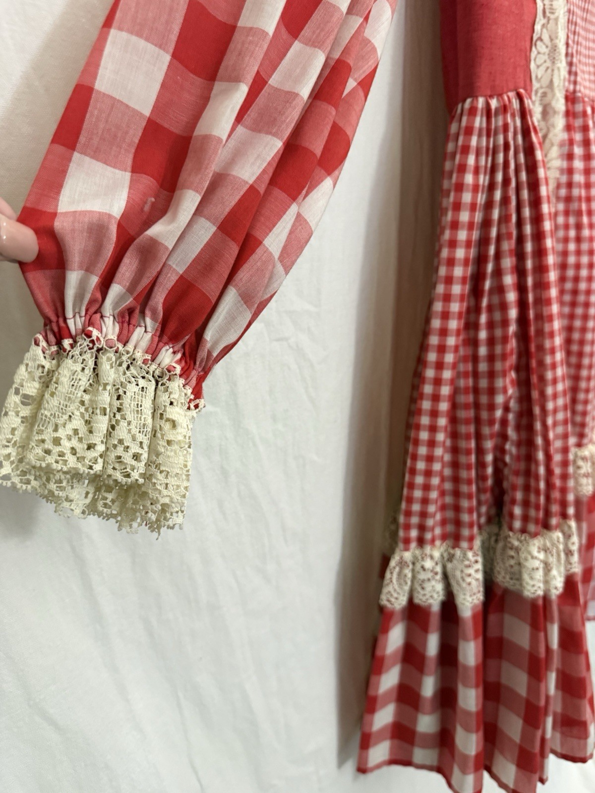 Vtg 70s Handmade Prairie Dress Red Gingham Lace Bib Farmhouse XL Storybook Style