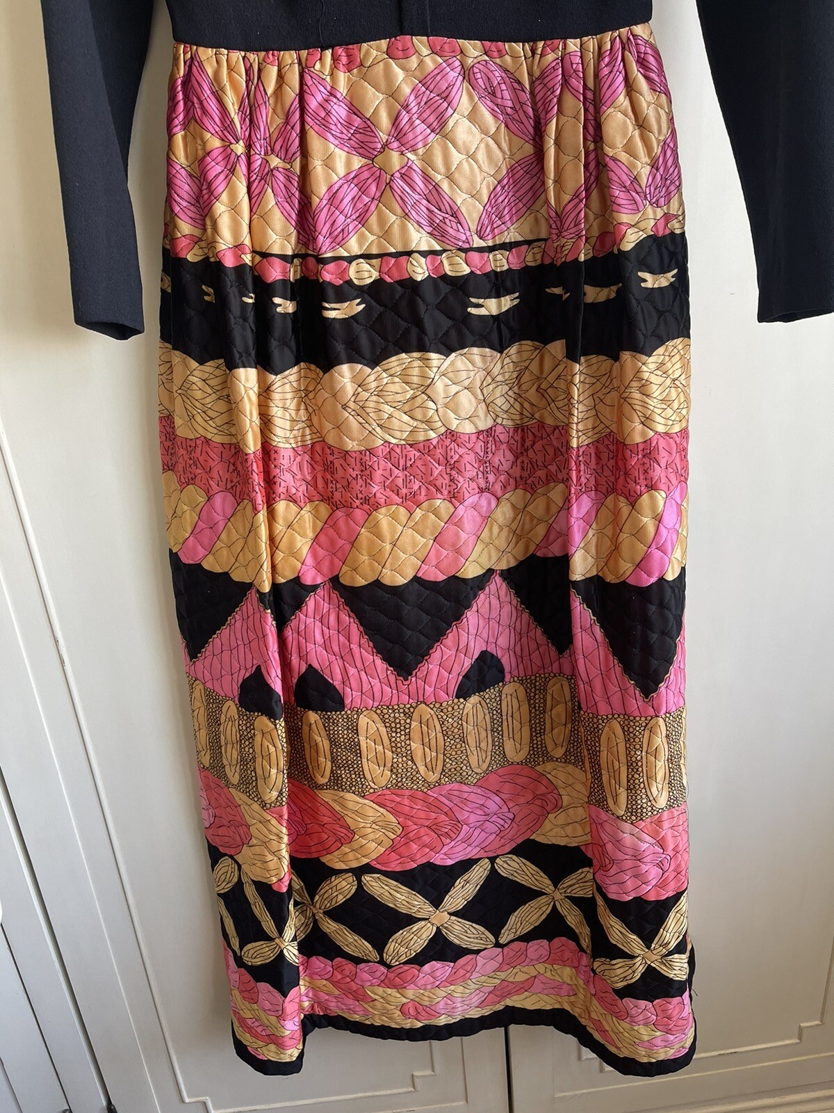 Vtg MCM 1960s EVE LE COQ Maxi Dress S/M Boho Hip Chic Black Pink MAD MEN ERA