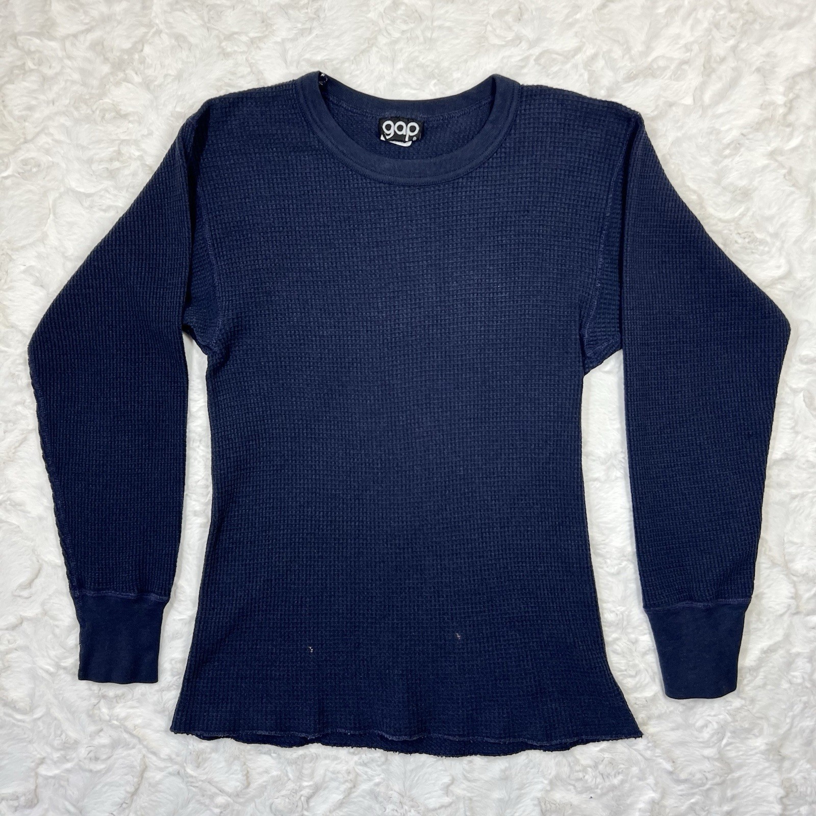 Vintage 70s 80s Gap Waffle Knit Thermal Long Sleeve Shirt L Navy Blue USA Made