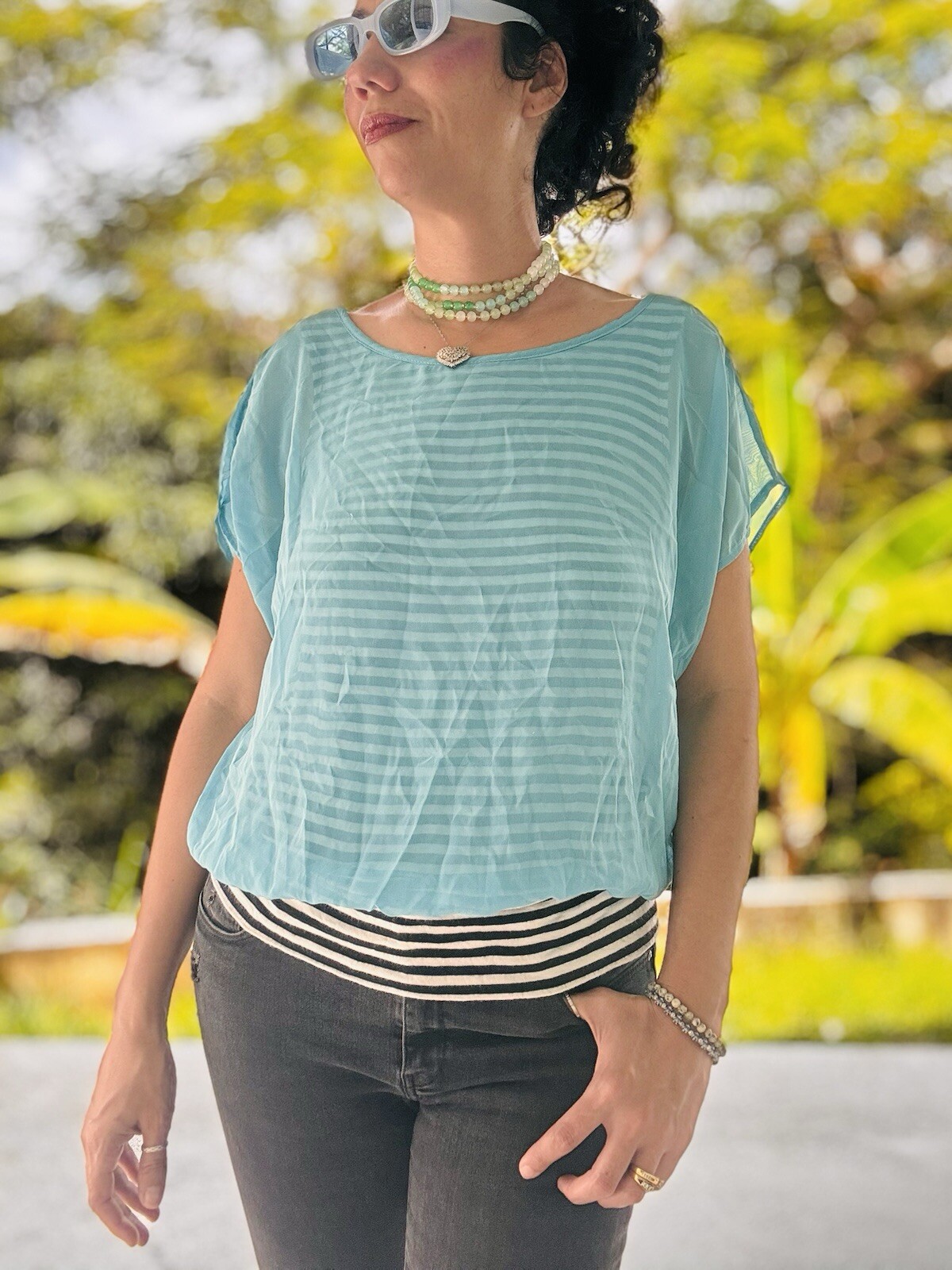 Vintage Top I.N. Studio Woman Black and white stripes Blue Sheer Ladder SZ M