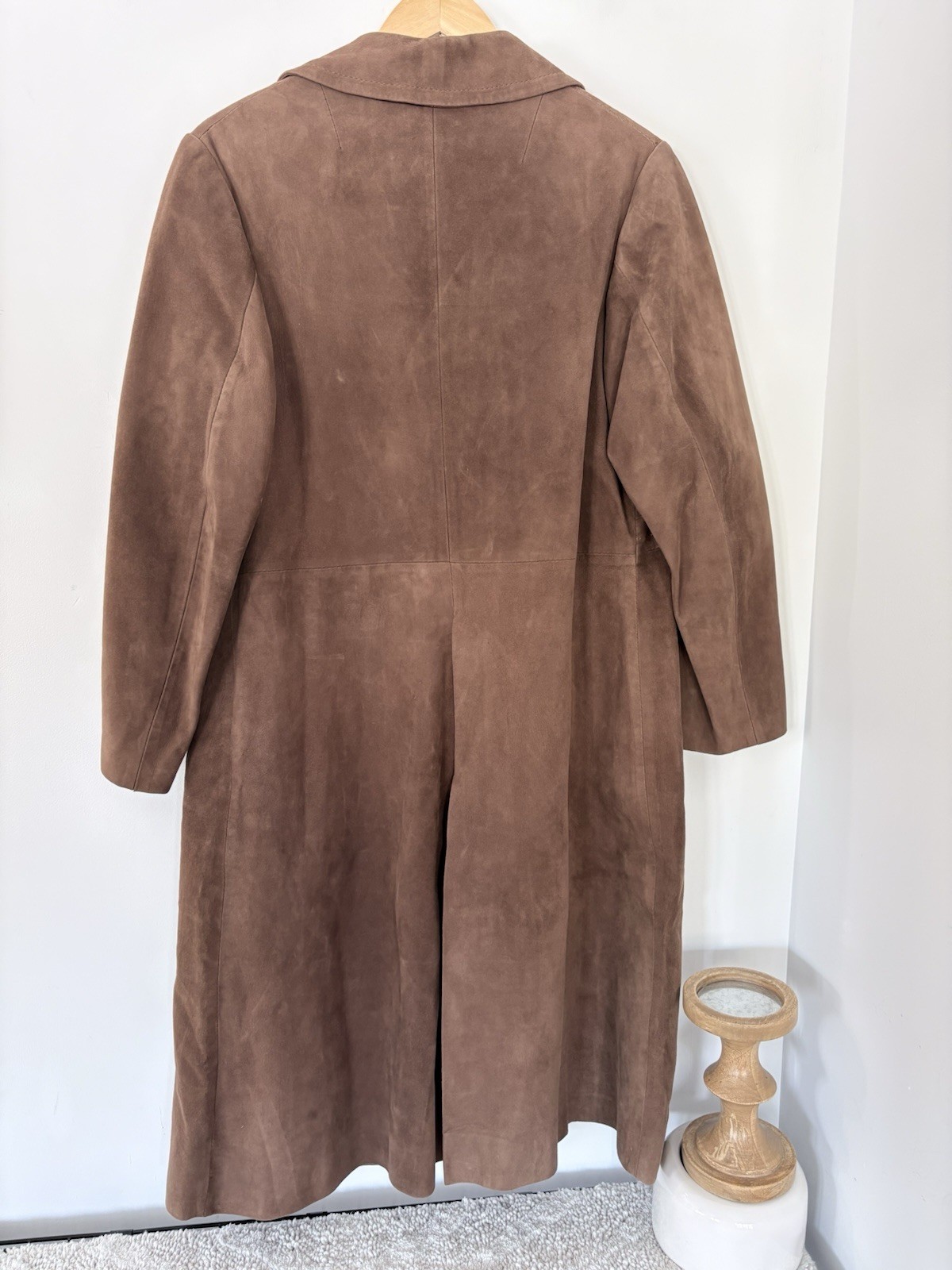 Vintage HERRERO Y RODERO Suede Leather Long Coat Button Sz L 60s 70s Barcelona