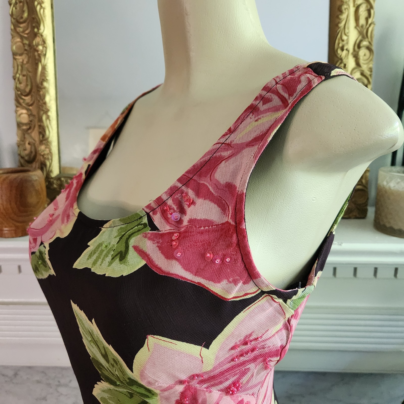 Vintage Y2K Brown Floral Tank Dress Pink Maxi Sequin Romantic Boho Size Large