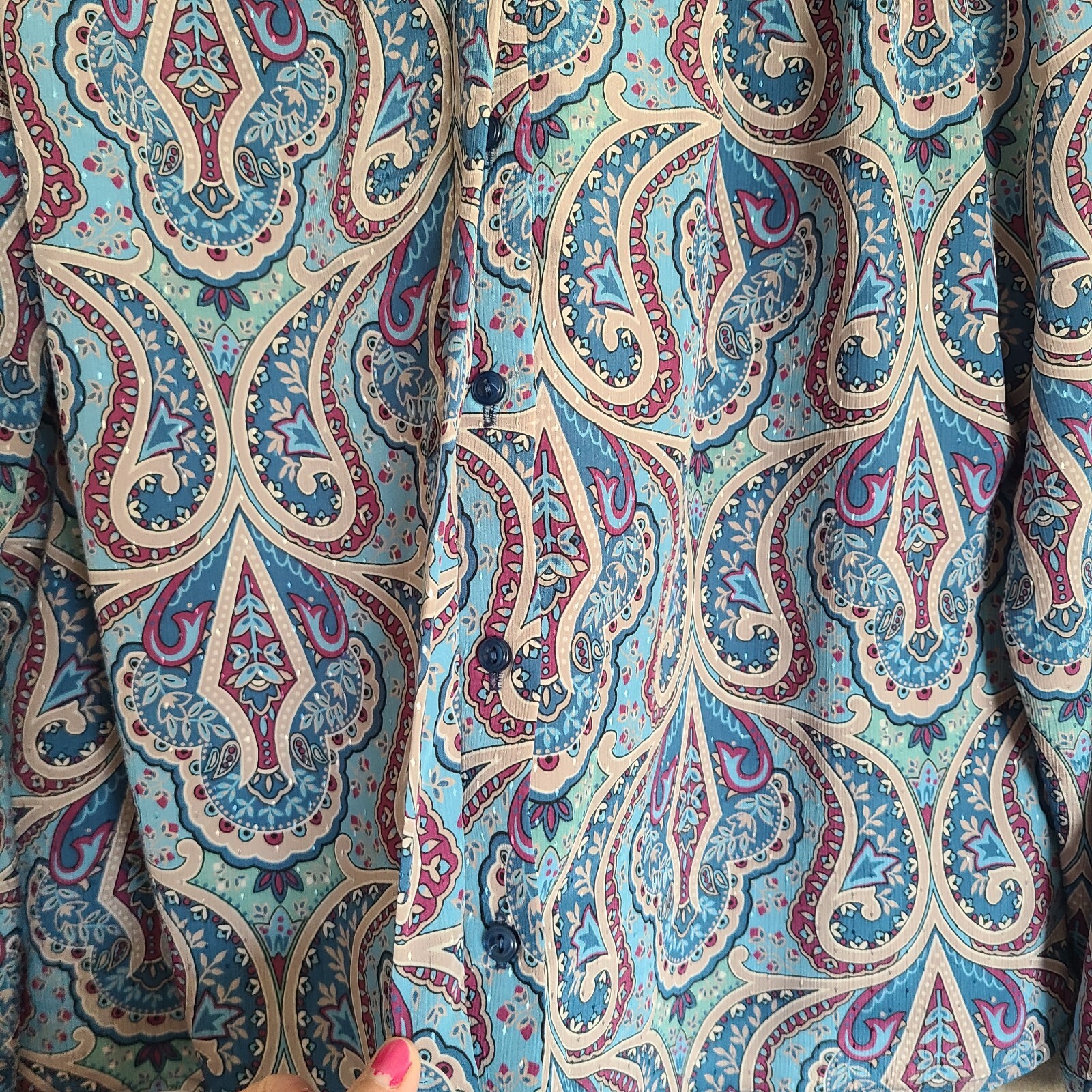 Vintage Pykettes Blouse Bowtie Neck Size 18 Blue Paisley Secretary Button Up Top